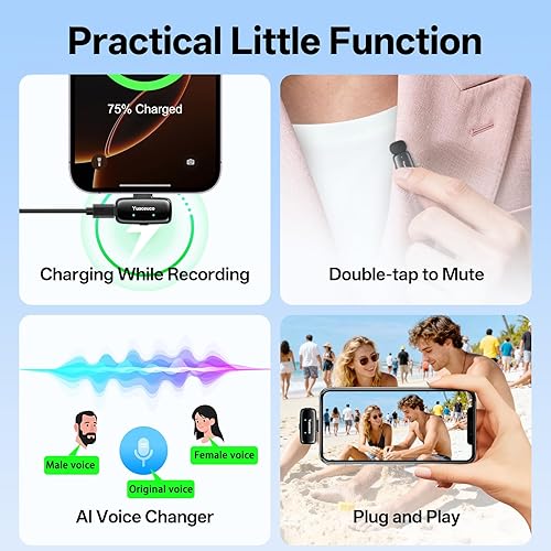 Miniatura 9 de Mini micrófono inalámbrico Lavalier para iPhone, iPad, Android, reducción de ruido y silencio, funda de carga de 33 horas, cambiador de voz AI,