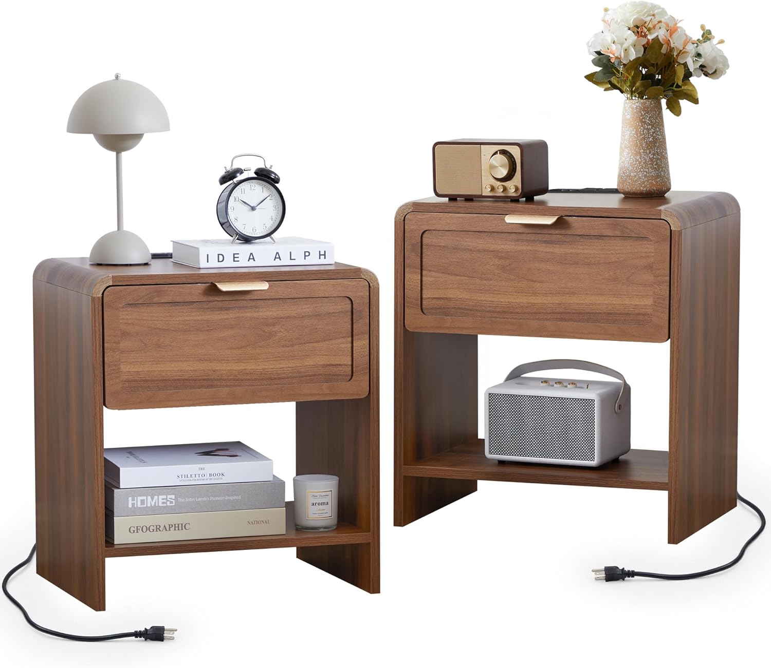 LEVNARY Compact Nightstand with Charging Station, Small Bedside Table with Curved Top Corners and Storage Drawer, Mid-Century Modern Wooden End Table for Farmhouse Bedroom Living Room (1, Walnut)