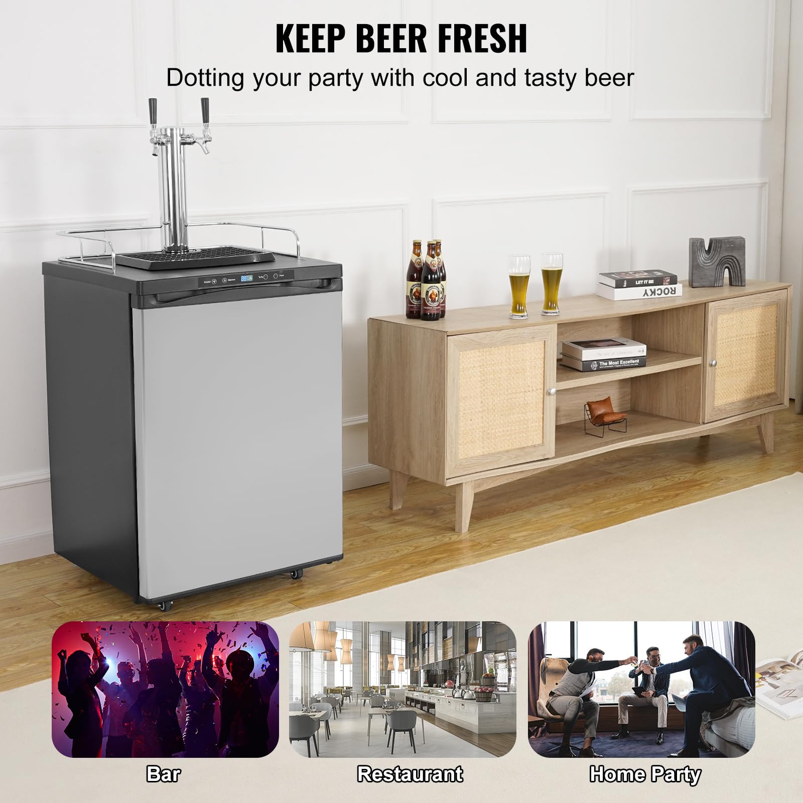Happybuy Beer Kegerator, 162l Dual Tap Draft Beer Dispenser, Full Size Keg Refrigerator With Co2 Tank, Drip Tray, Temperature Control, Silver on Fridge.com - View 5