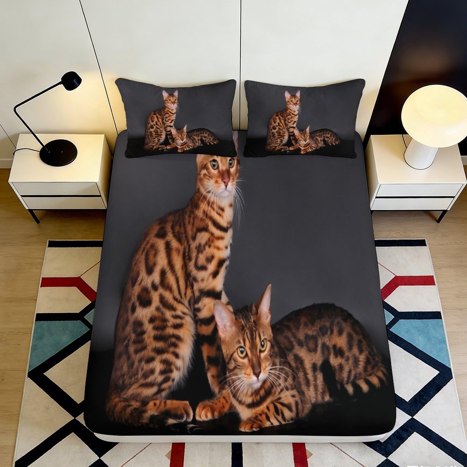 3D Printed Leopard Cat Fitted Sheet Microfiber Deep Pocket Elastic Hem Leopard Cat Mattress Fitted Cover Non-Slip Washable Bedding Set for Adults Teens 160x200x25cm