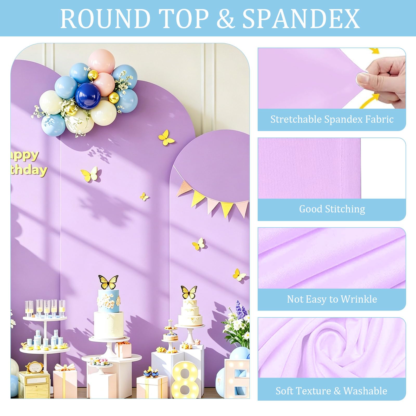 Toile de fond double face avec dessus rond, fond photo pour mariage, anniversaire, cérémonie, fête et banquet (violet, lot de 3)