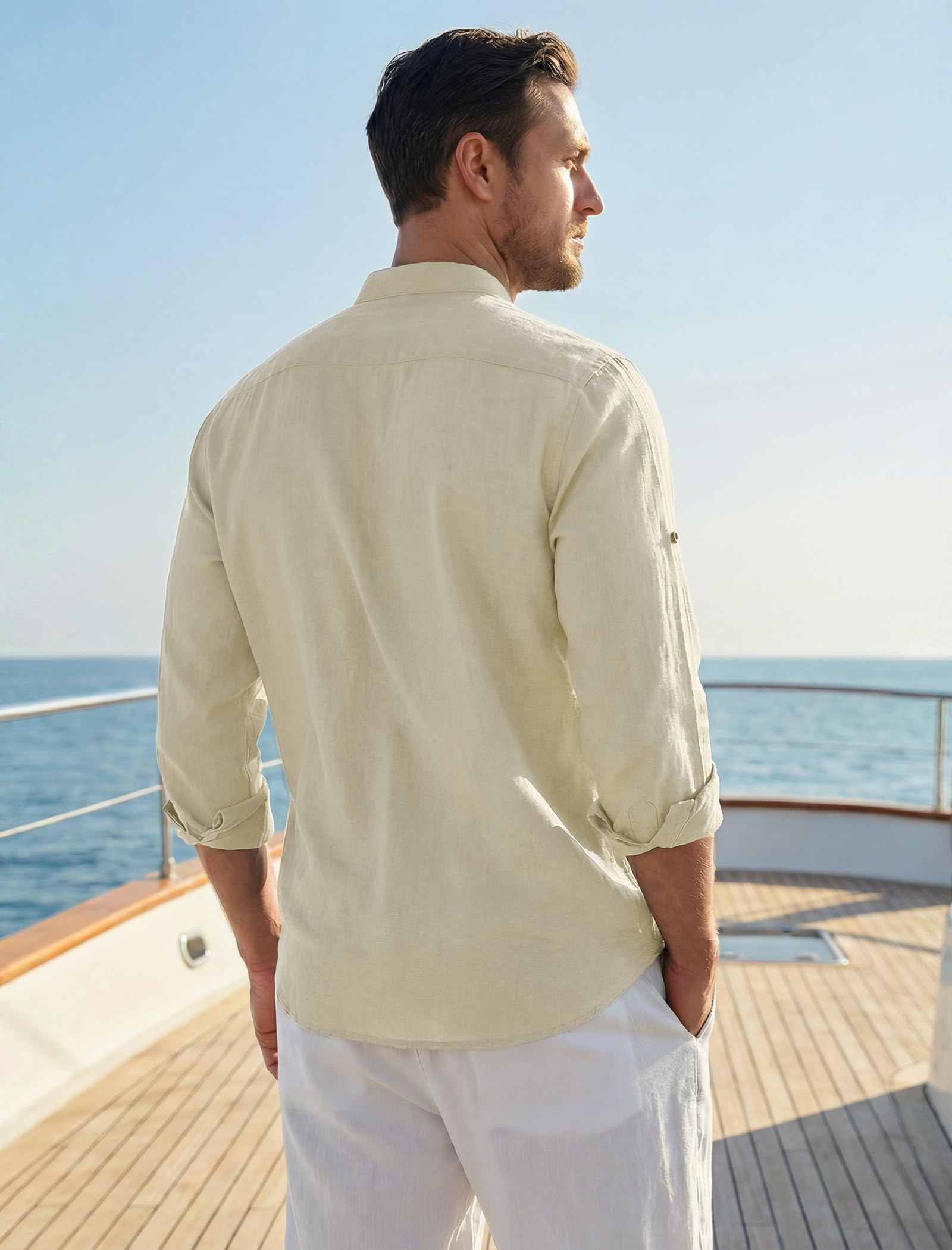 Enlision Chemise en Lin Homme Manches Longues Chemise Homme Été Col Mao Leger Respirant et Décontractée pour La Plage Henley Shirt S-4XL