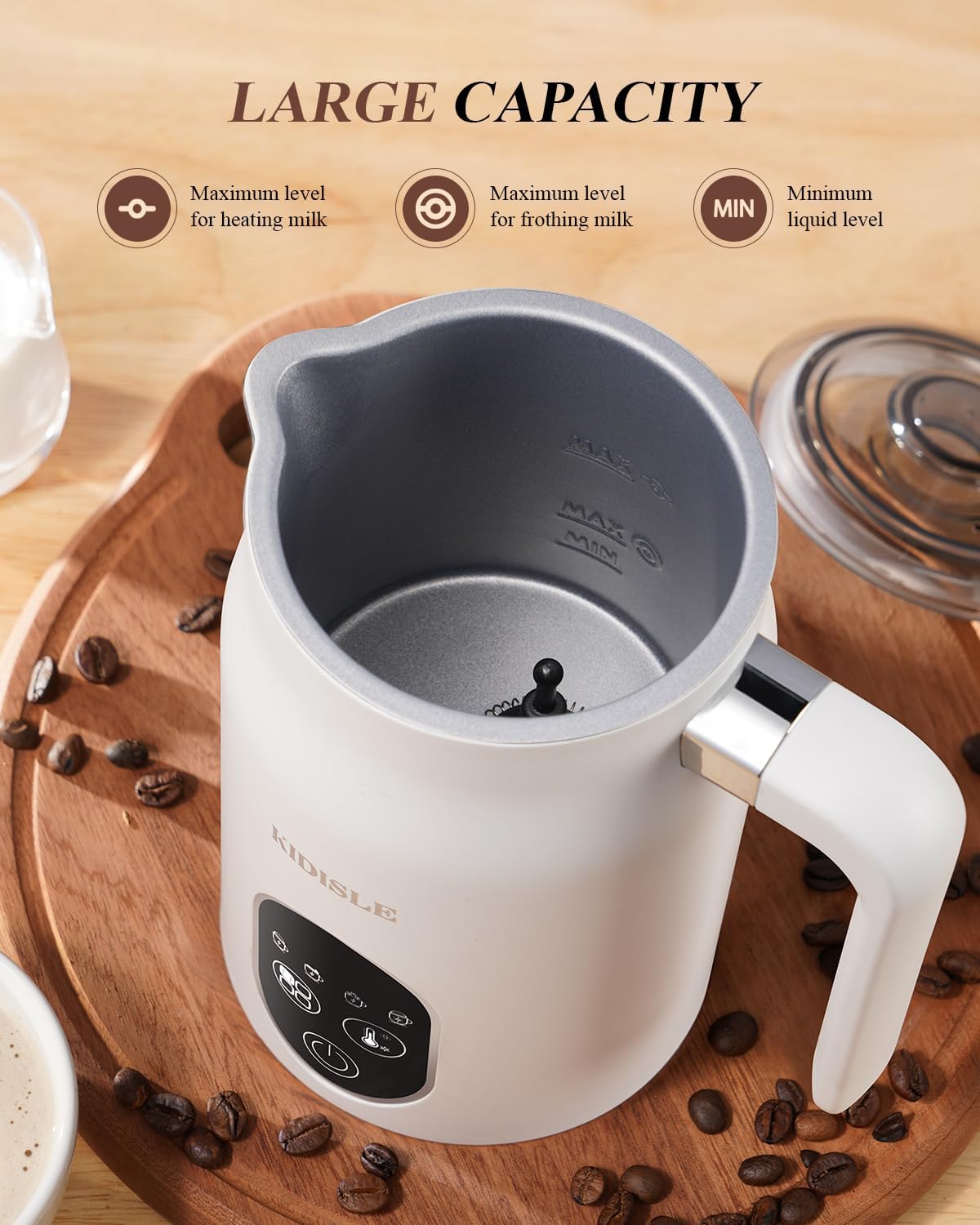 KIDISLE Milk Frother and Steamer 4 in 1, Milk Steamer with Auto Temperature Control, Warm & Cold Foam Maker, Hot Chocolate Maker, Frother for Coffee, Latte, Cappuccino, White