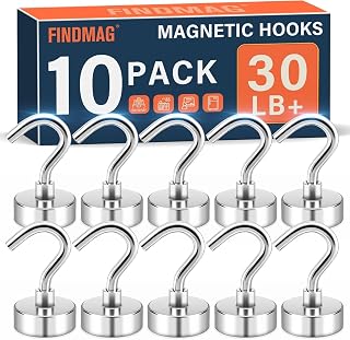 FINDMAG Magnetic Hooks for Cruise Cabins, 30 LB Strong Neodymium Magnets with Hooks, Cruise Magnetic Hooks for Ship, Kitchen, Office, Camper, Garage, Magnets Hooks for Hanging, 10 Pack, Silver
