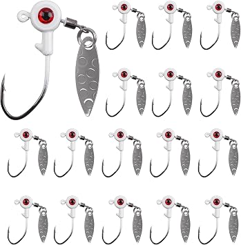 Crappie Jigs Big Eye Jig Heads, 16Pcs Flat Round Head Jig Hooks Spinner Blades Fishing Hooks Painted Fishing Jigs Lures for Bass Trout 1/16oz 1/8oz 3/16oz