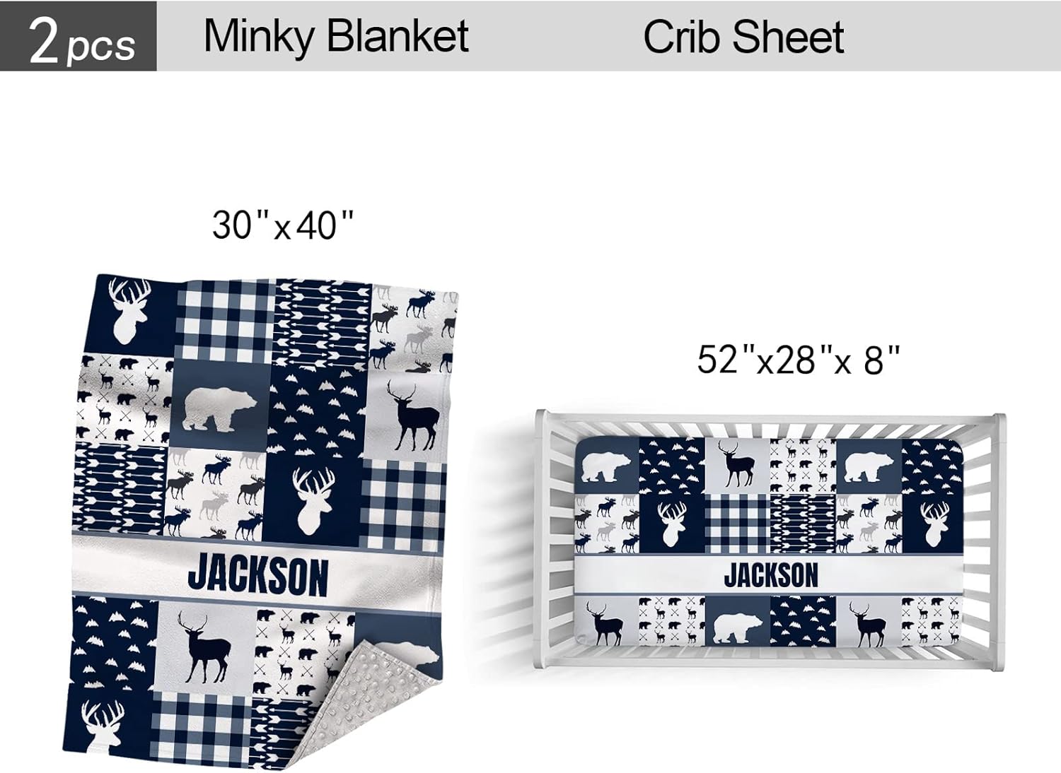 Personalized Baby Crib Bedding Set for Baby Boys, Custom Woodland Deer Blue Nursery Bedding Sets with Name, 2 Piece Crib Bedding Sets, Crib Comforter, Crib Fitted Sheets for Baby, Baby Essentials