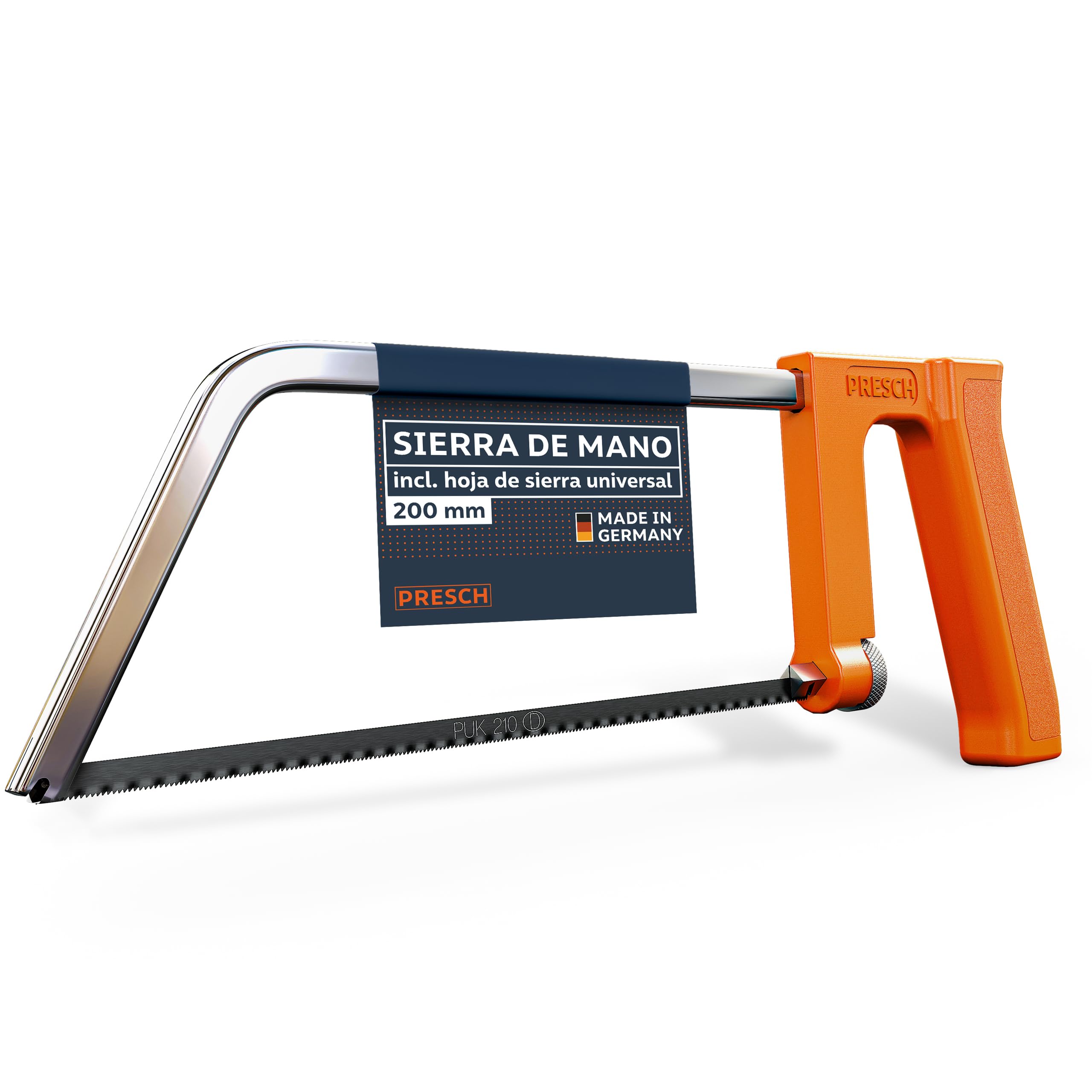 Presch Sierra de metal 200mm - Con hoja de sierra universal para cortes precisos - Cambio rápido de hojas de sierra - Mango ergonómico para serrar mejor - Sierra de arco pequeña, Sierra manual