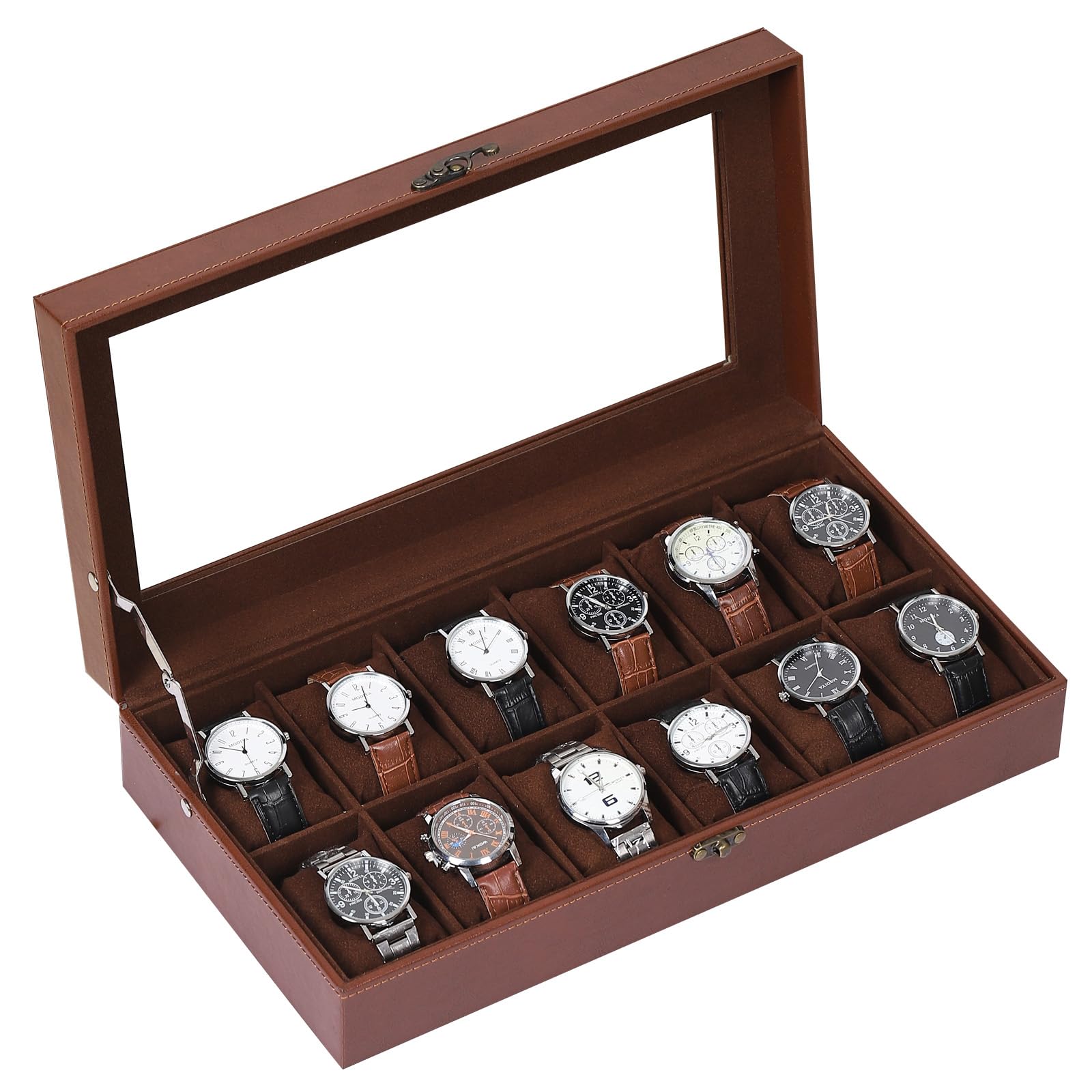 AUTOARK MKAW103 - Caja de reloj de cuero y terciopelo con tapa de cristal, organizador de joyas con cerradura, almohadas extraíbles para reloj, café, MKAW103