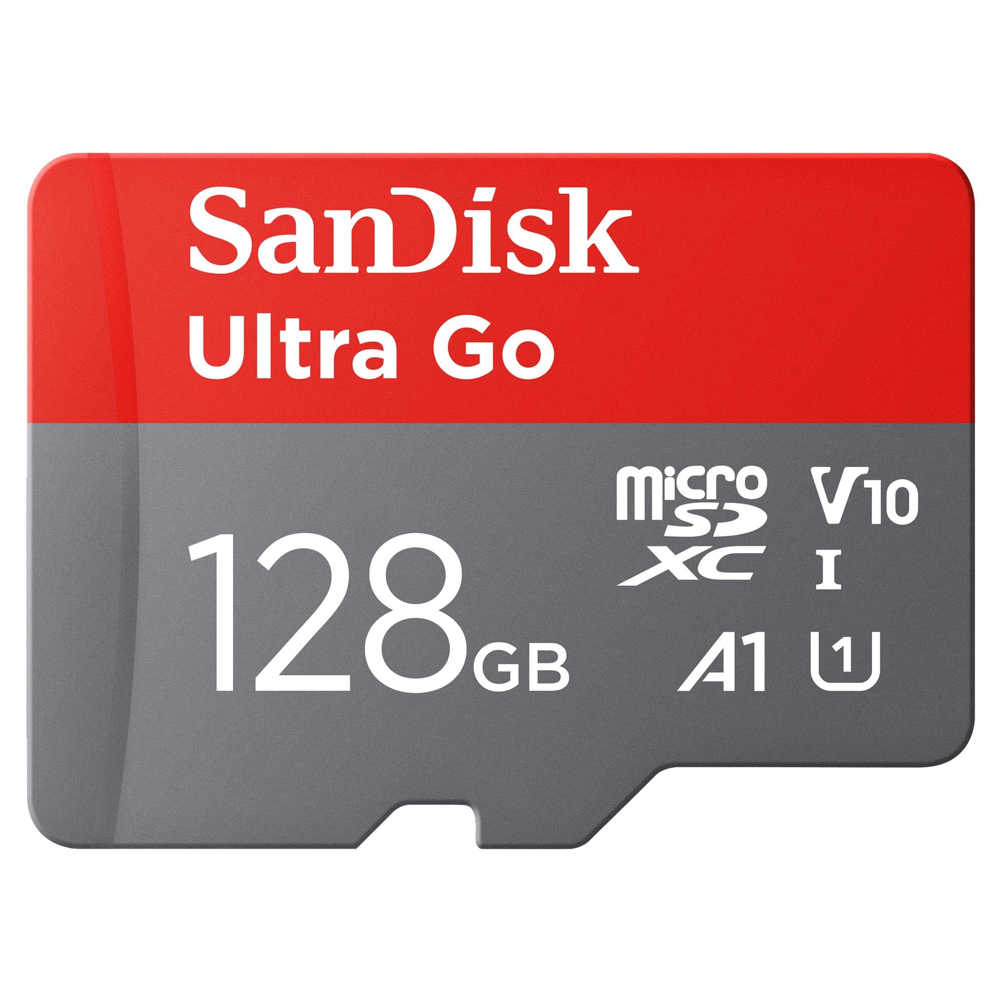 SanDisk 128GB Ultra Go scheda microSDXC + adattatore SD (per smartphones e Tablet Android, UHS-I, fino a 150 MB/s, Full HD Video, V10, con prestazioni app A1, Class 10, U1) per Amazon