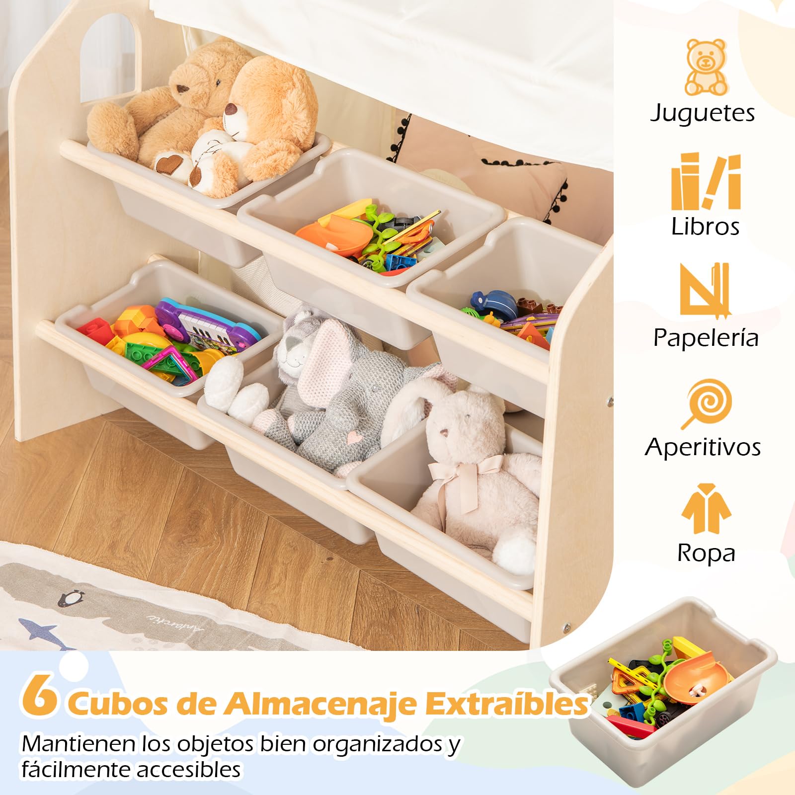 GOPLUS Tienda de Campaña de Madera para Niños de 2-6 Años, Tienda de Juego 6 en 1 con Mesa y Silla Infantil de Altura Ajustable con Pizarra, Colchón de Espuma, 6 Cajas para Juguetes, Carga Máx 60kg
