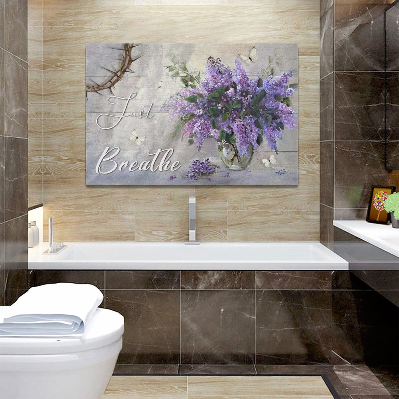 Arte da parete per il bagno di lavanda, Just Breathe, viola, lavanda, decorazione da parete su tela, incorniciata, pittura moderna, per chiesa, soggiorno, camera da letto, ufficio, 61 x 40 cm