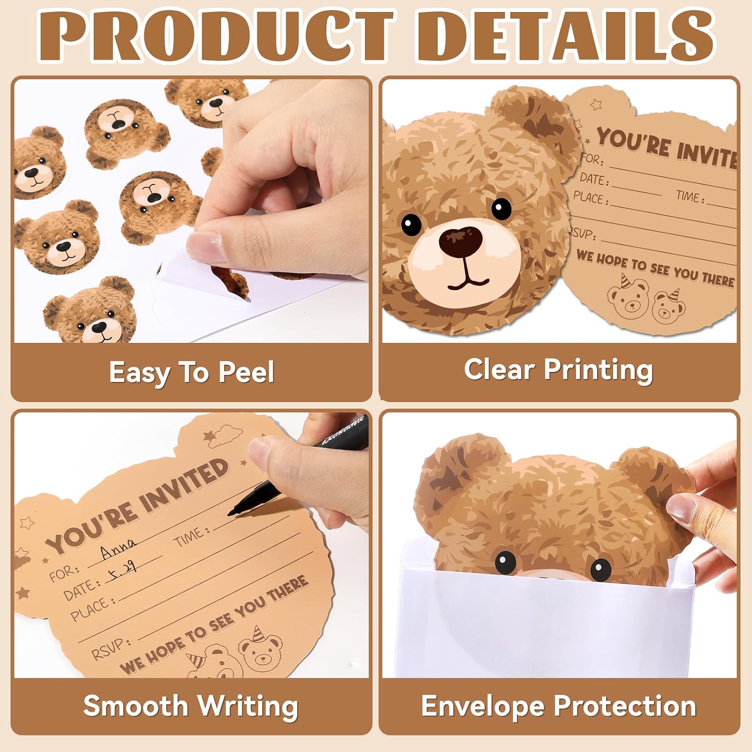 24 Pack Brown Bear Party Invitation Cards with Envelopes and Sticker We Can Bearly Wait Cartoon Teddy Birthday Decorations Bear Shaped Fill-in Invitations for Boys Girls Baby Shower Party Supplies