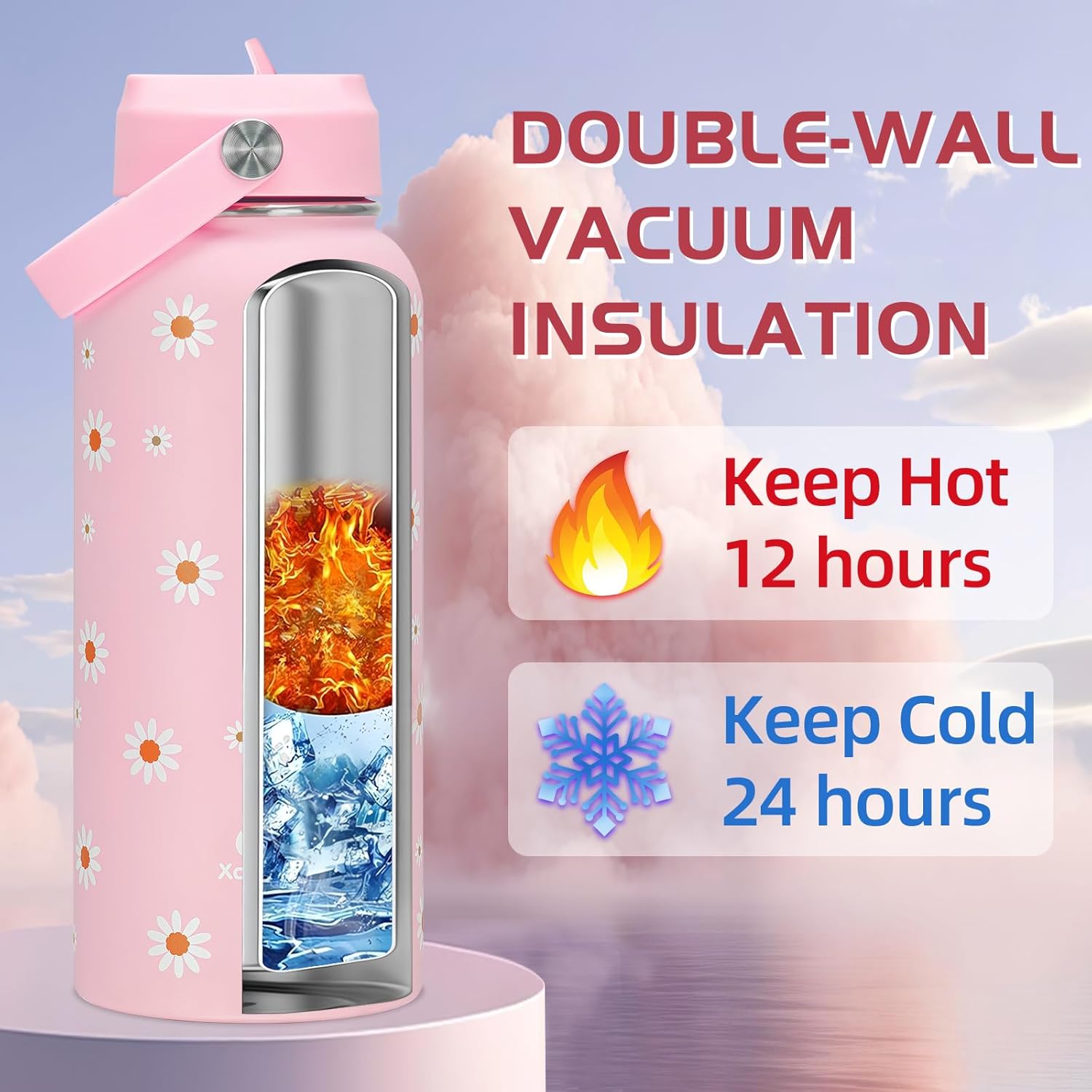 Pink Daisy Water Bottle with Lid,32oz Insulated Water Bottle with Flip Straw and Handle,Daisy Gifts for Women Girls Teens Birthday Christmas,Leak Proof Stianless Steel Water Bottle - Image 4