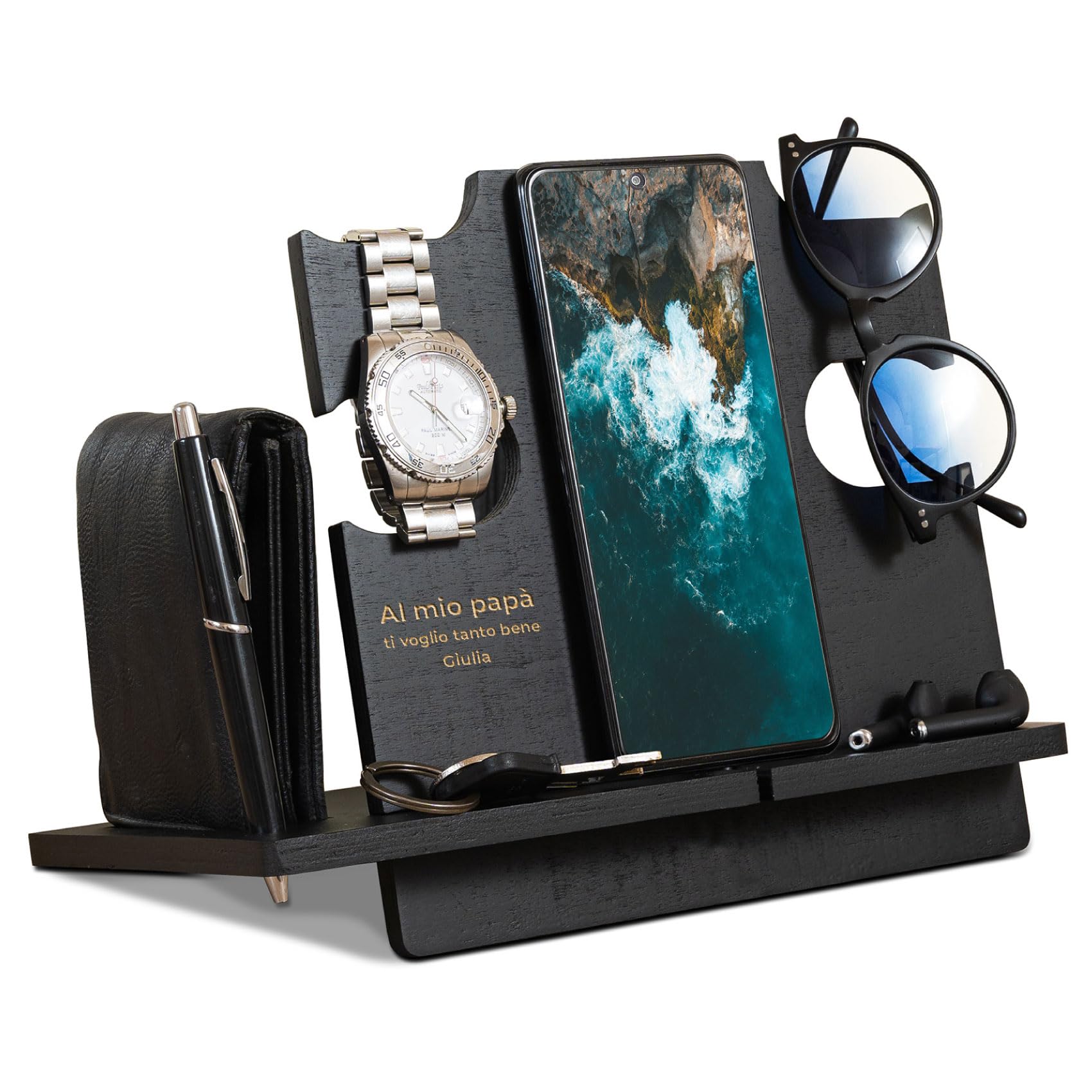 LAC Docking Station Personalizzata in Legno - Idee Regali Uomo Compleanno, Anniversario - Porta Oggetti Organizer Scrivania Regalo Idee Regalo Papà Personalizzato (Nero)