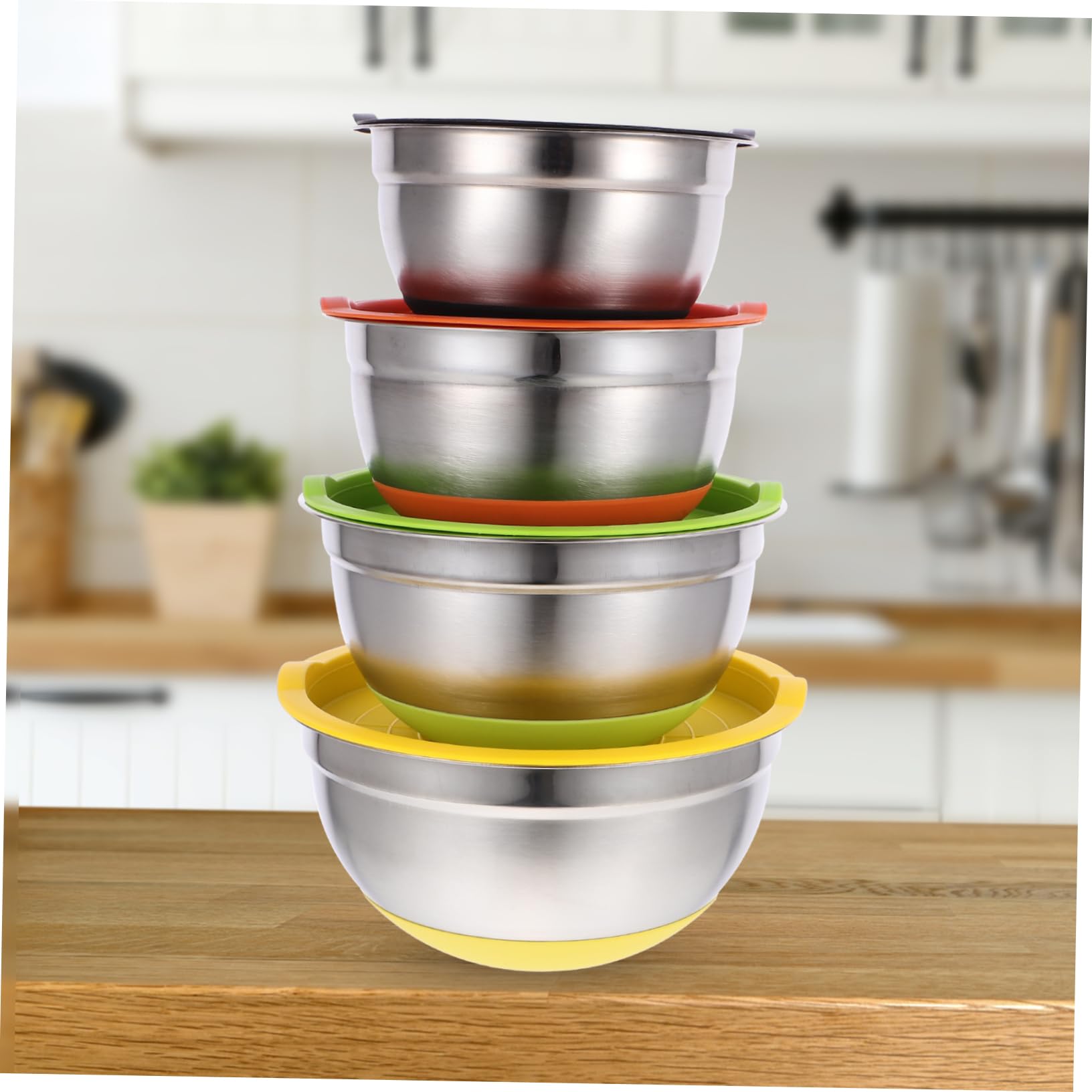 4piezas Tazones Inoxidable Antideslizantes Base Para Ensaladas y Almacenamiento De Frutas Mezclados Para Cocina y Hornear