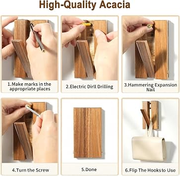 2 Pack Flip Down Wall Hooks，Foldable Wooden Rustic Coat Hooks Space Saving