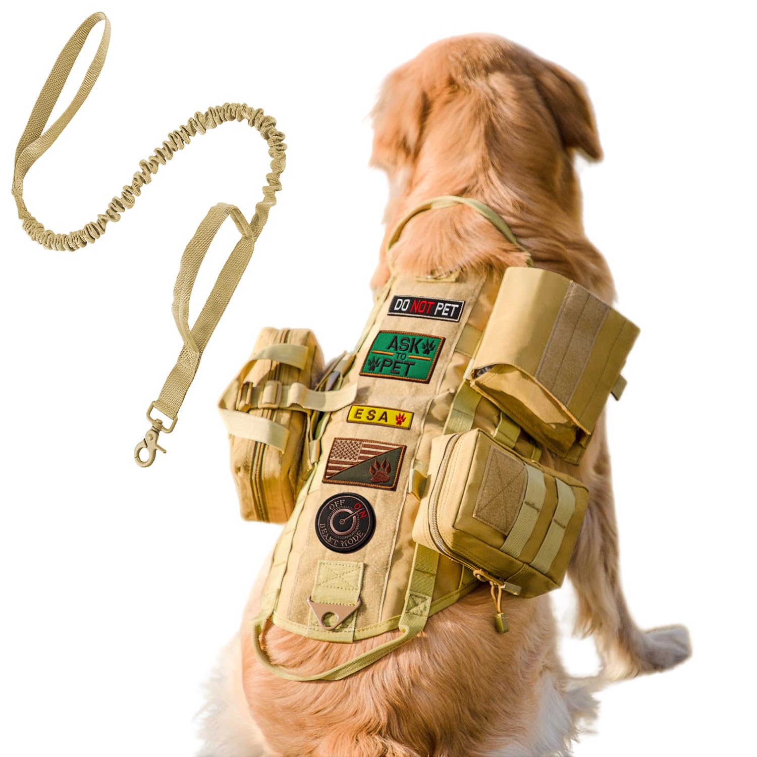 AIWAI Tactical Dog Harness with Pouches,Dog Vest Harness for Large Medium Dogs No-Pull Adjustable Military Dog Harness with Handle Walking Hiking Training (Khaki(with Leash), L) — image 1