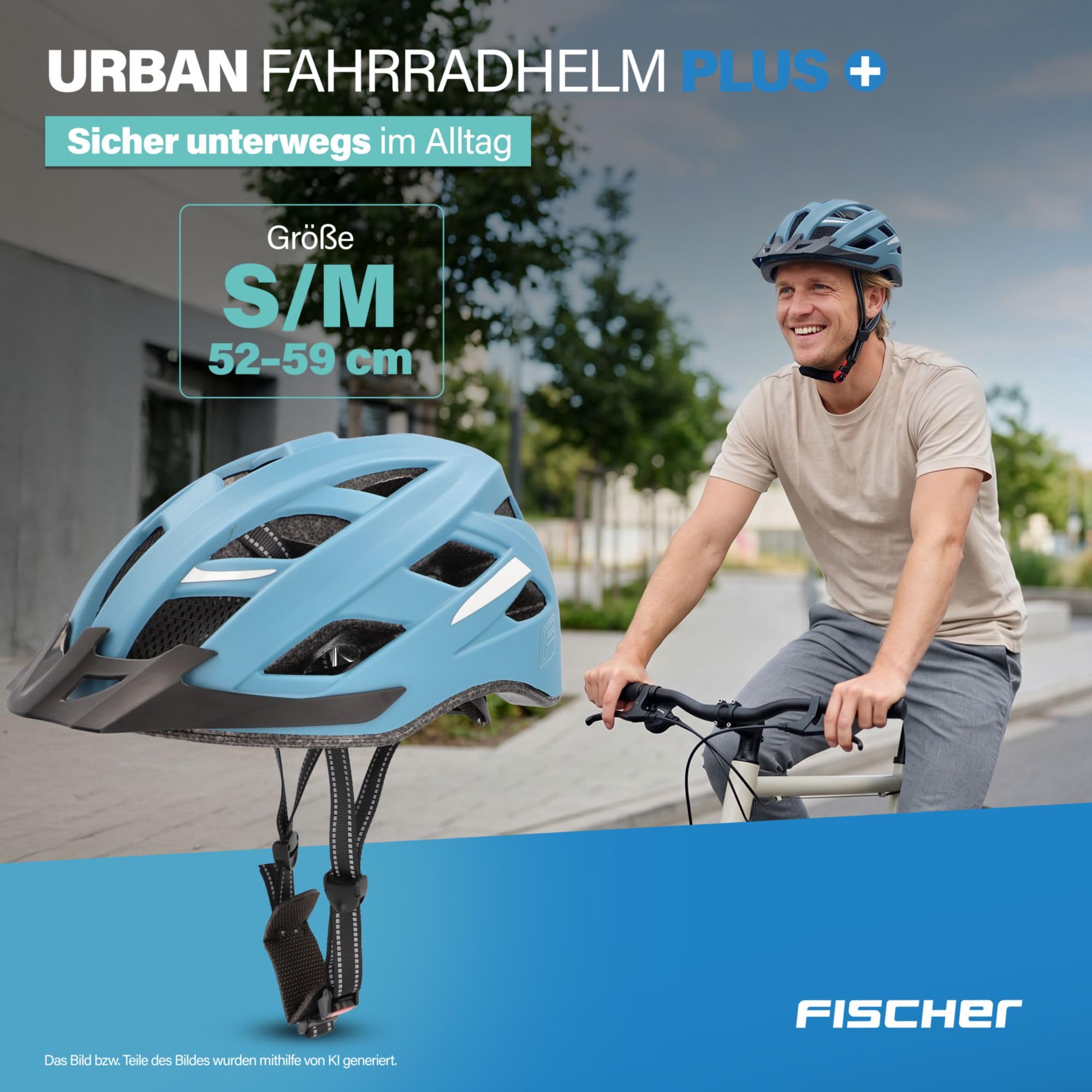 FISCHER Casco da bicicletta per adulti, Urban Plus Chicago, S/M, 52-59 cm, blu, con luce posteriore a LED integrata