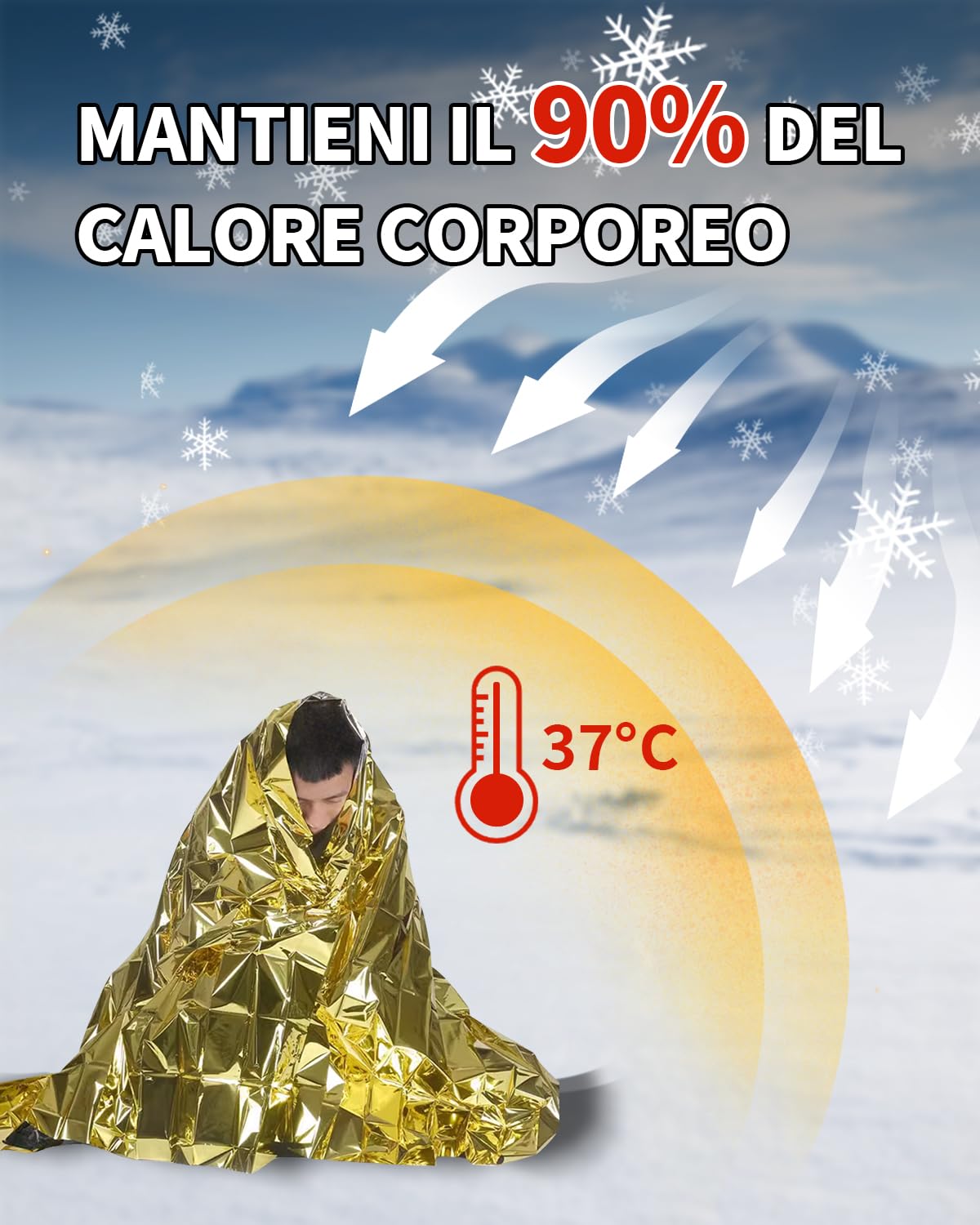 20 Pezzi Coperta Termica Emergenza,Materiale PET Resistente allo Strappo Coperta Termica,Impermeabile Coperta,Riflettente,210 × 160 CM,Oro Argento,Confezionata Singolarmente