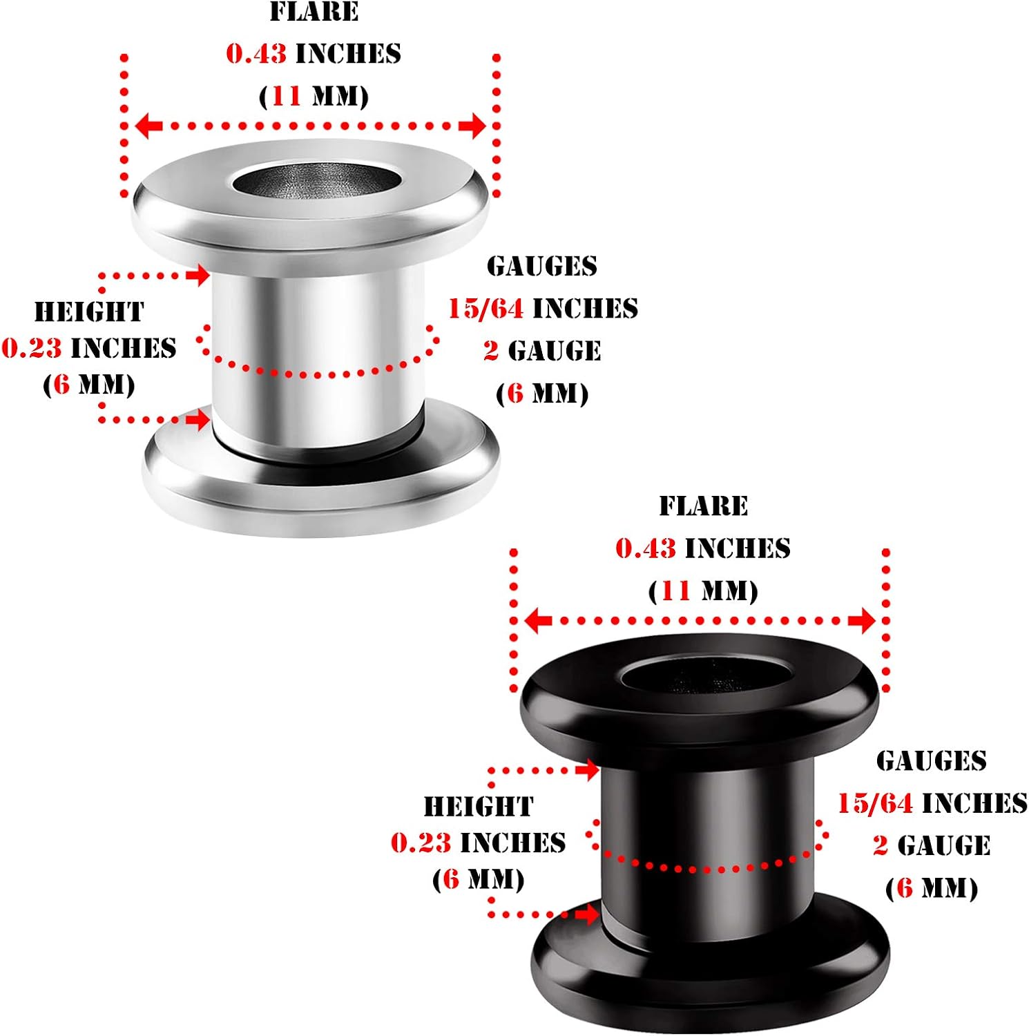 2 Pairs 316L Surgical Steel Black Anodized Screw Tunnels rounded edges Piercing Jewelry Ear Stretching Lobe Plug Earring