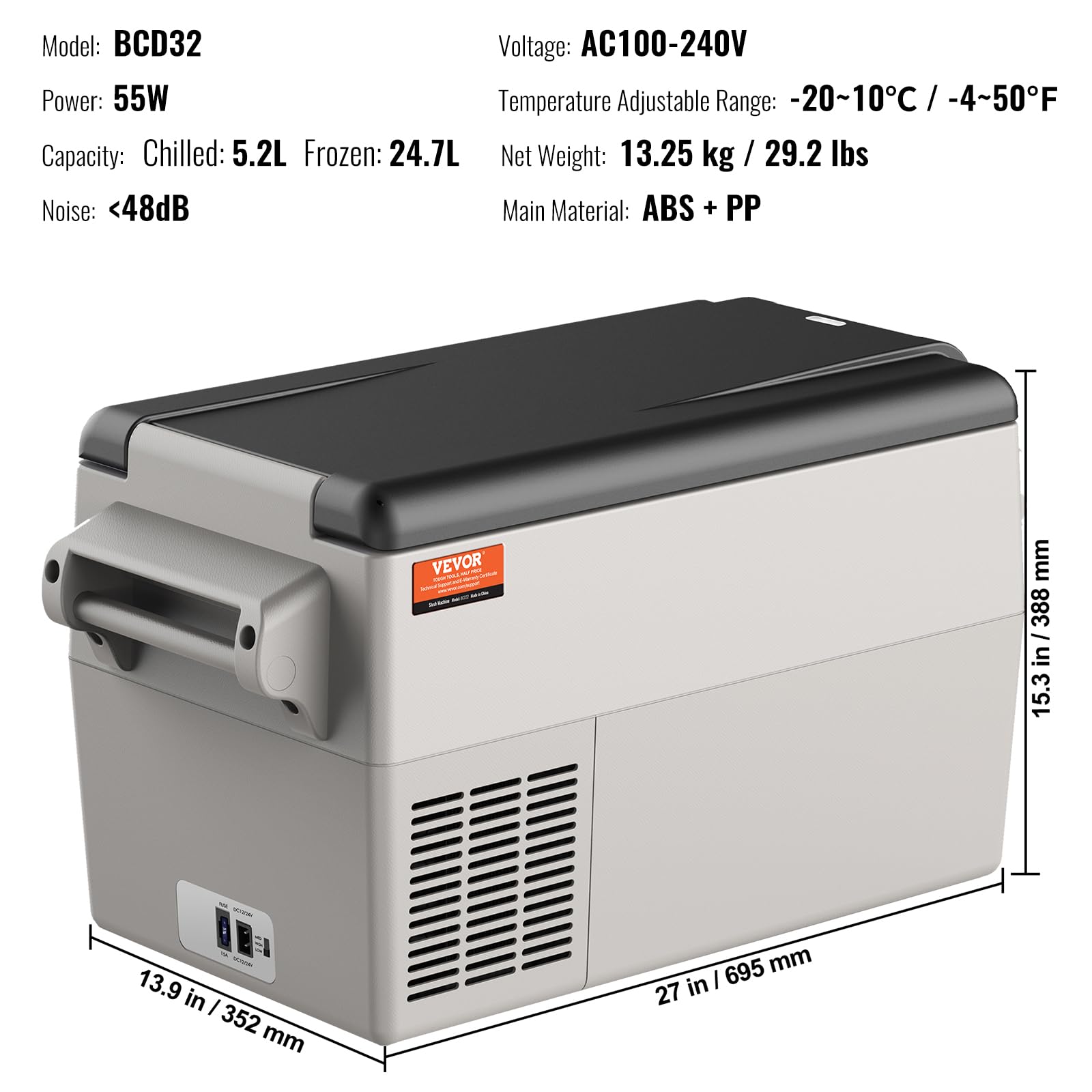VEVOR Lodówka samochodowa, 12 V, przenośna, 32-litrowa zamrażarka z dwoma strefami, regulowany zakres od -4 ℉ do 50 ℉, 12/24 V DC i 100-240 V AC chłodnica kompresorowa na zewnątrz