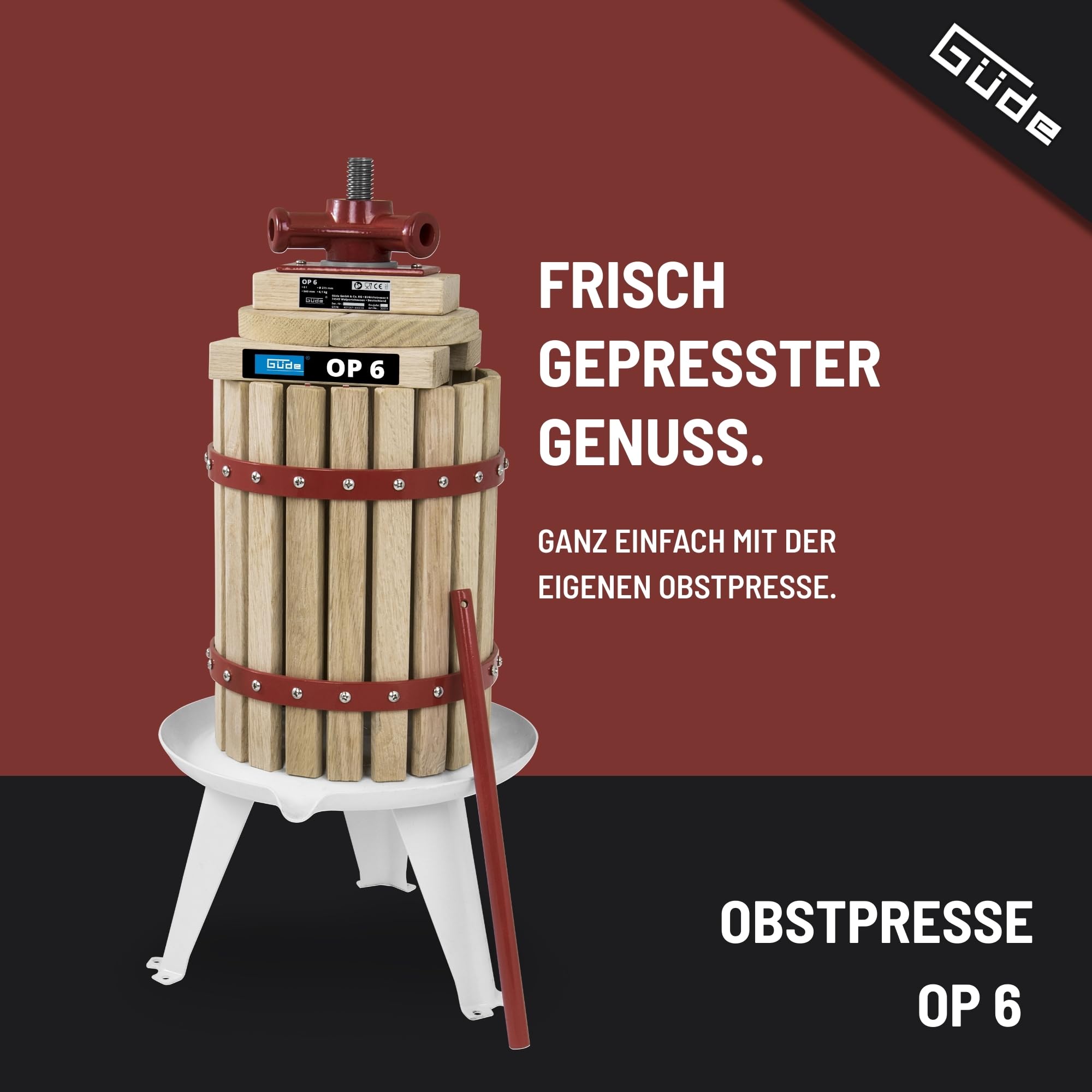 Güde 30001 Obstpresse OP 6 (Saftpresse und Beerenpresse, mechanische Presse inklusive Pressnetz 6 Liter, Holzfarbe, Braun)