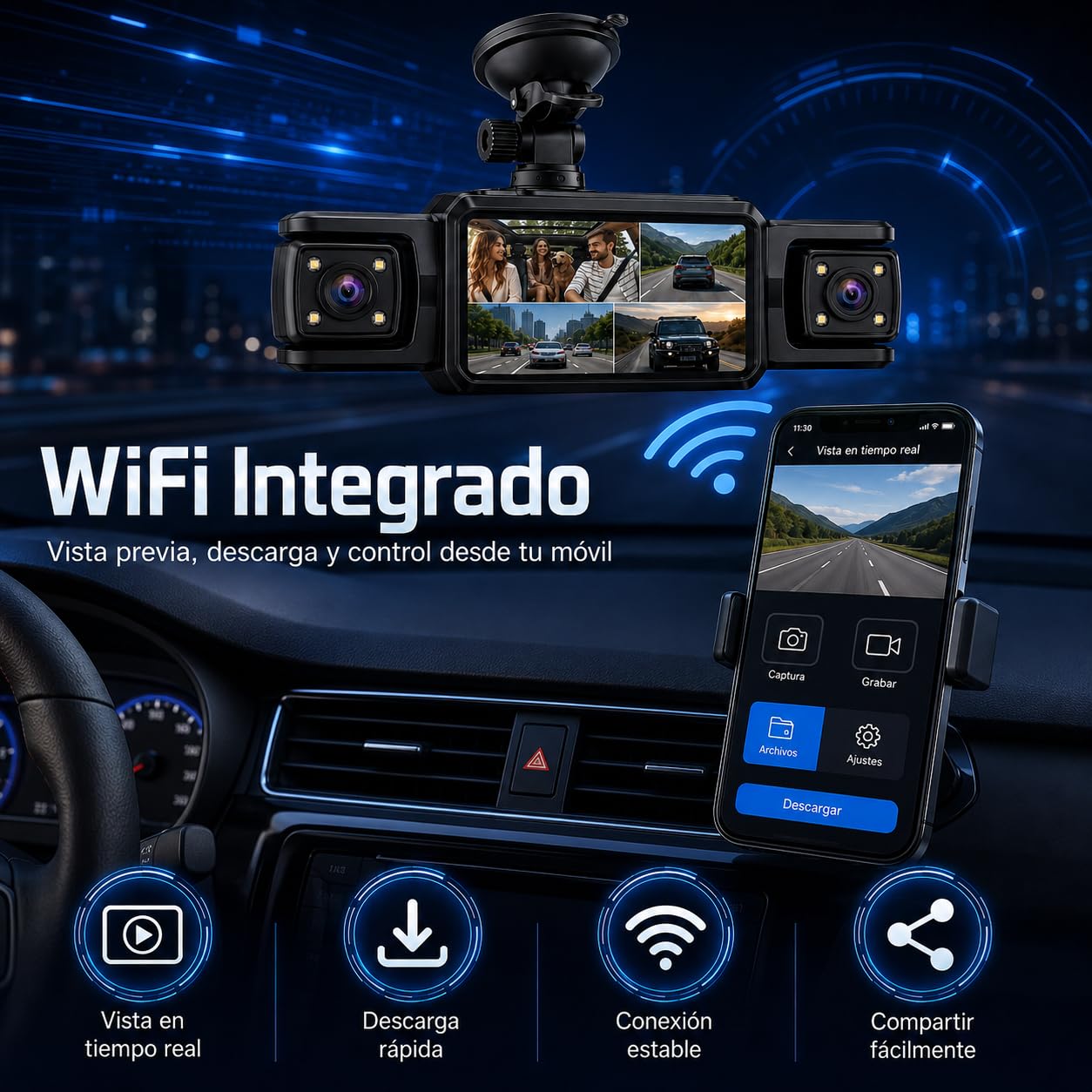 Dash CAM 4 Canales para Coche FHD 1080P, Cámara de Salpicadero 360° con Cámara Frontal, Trasera y Laterales, WiFi con App, Visión Nocturna, Sensor G, Modo Parking y Tarjeta SD 32GB Incluida