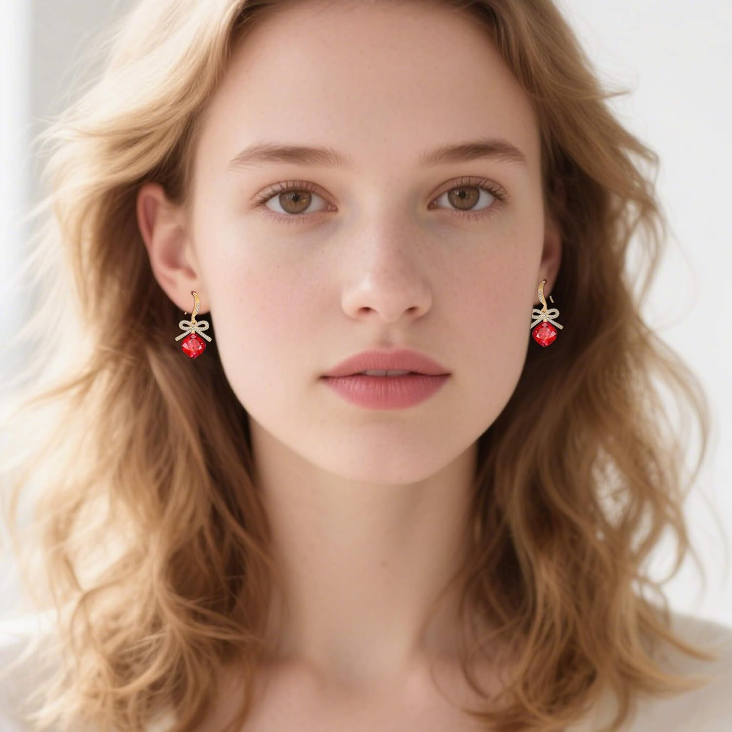 EVEVIC Austrian Crystal Cushion Bow Drop Earrings for Women 14K Gold Plated Hypoallergenic Dangle Earring Jewelry Gifts - Image 2
