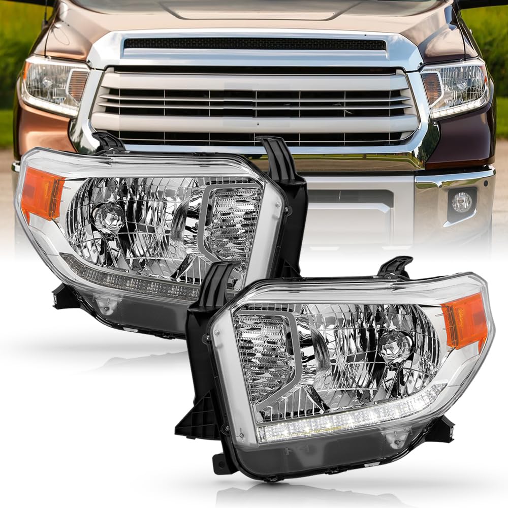KEEKPO - For 2014 2015 2016 2017 Toyota Tundra w/LED DRL Chrome Housing Headlights Headlamps Set Replacement Left+Right