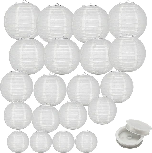 AIVORIUY 22 pcs White Round Paper Lantern Hanging Paper Lanterns Tissue Paper Lampshades Decor Hanging Lamp with Monofilament Fishing Line for Patio Room Wedding Party Decorations, Assorted Sizes