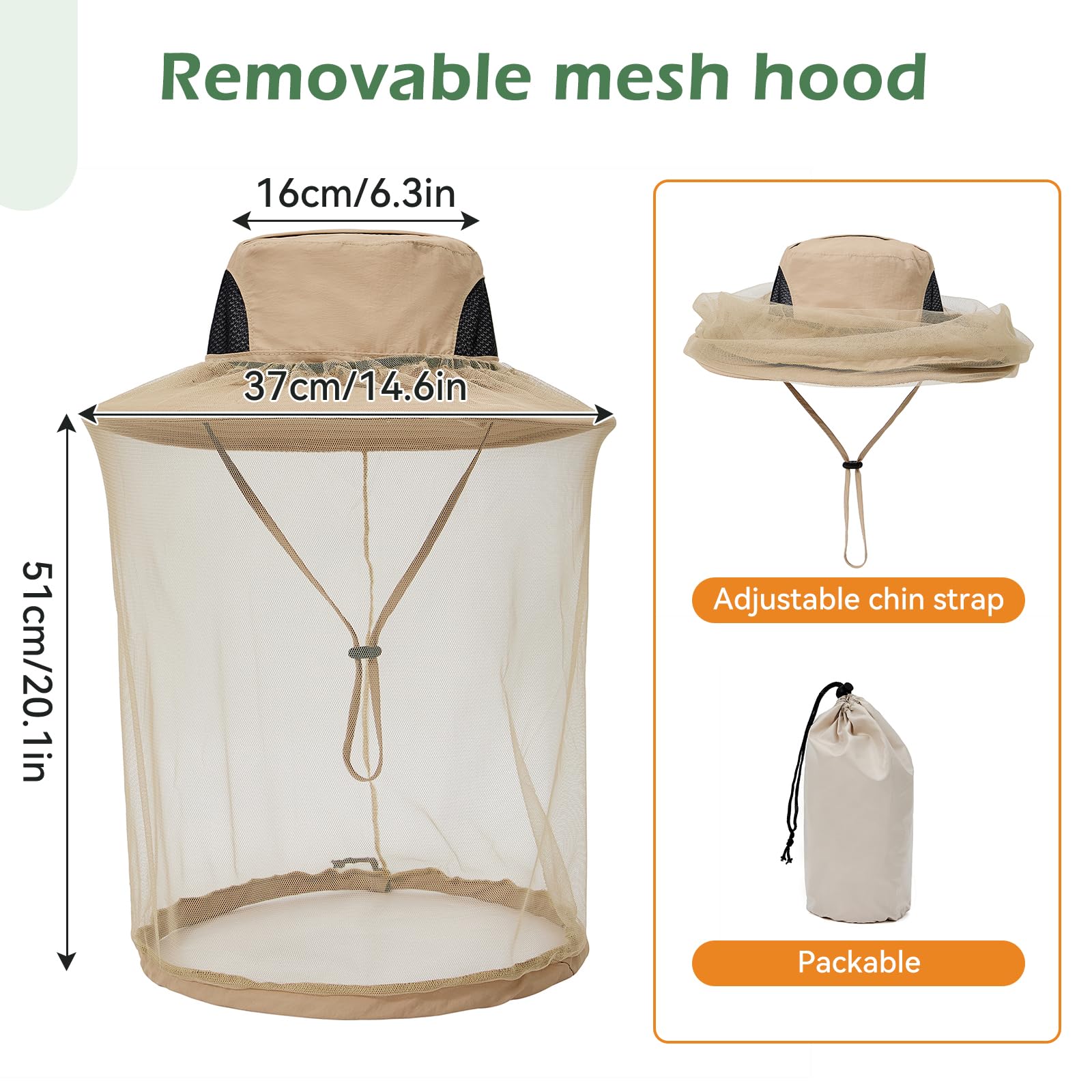 Sombrero de pesca con mosquitero oculto, red de insectos, sombreros de guarda de abejas con velo para hombres y mujeres, Caqui, Talla única 3