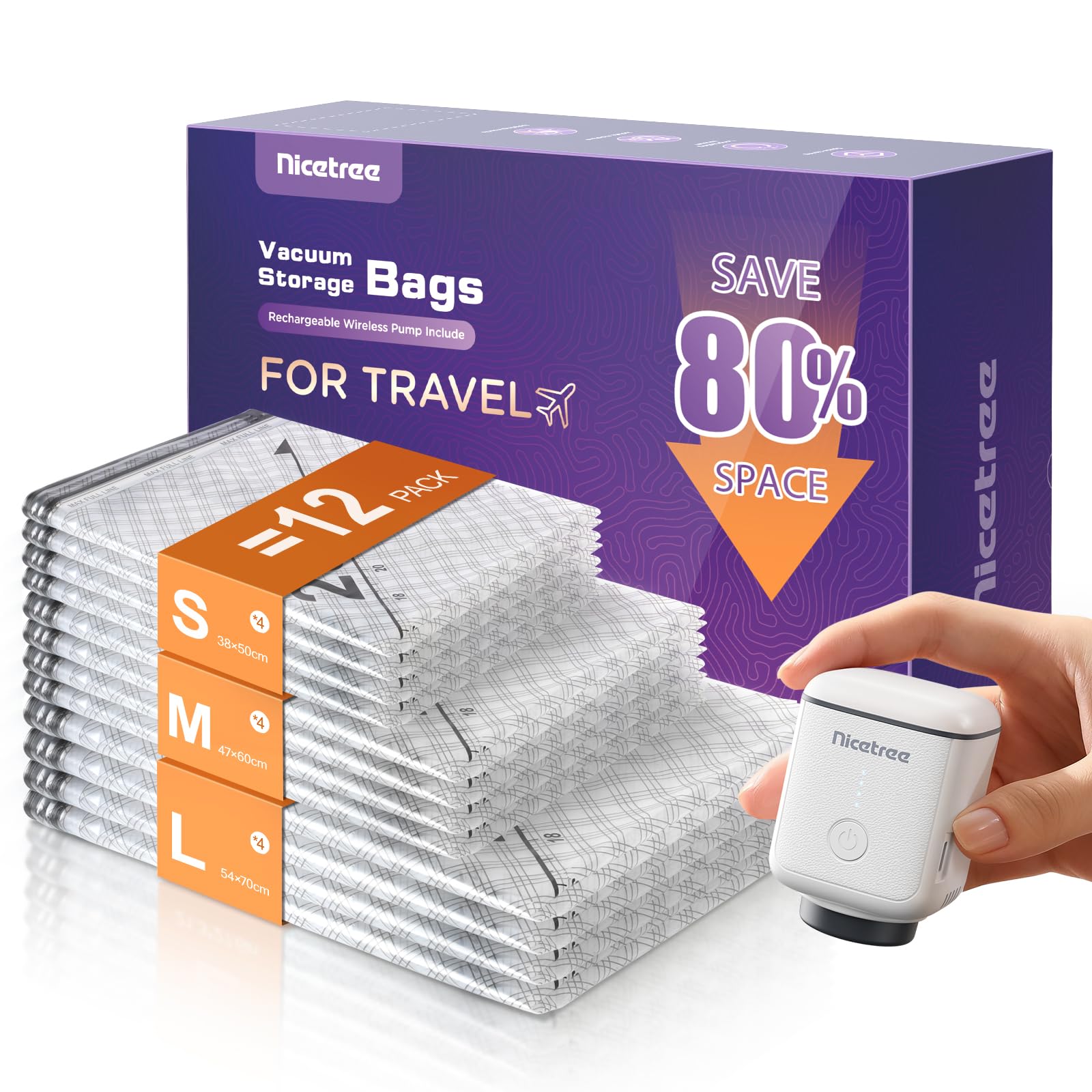 Innsky 12-Pack Vacuum Storage Bags with Rechargeable Pump, Large Space Saver Compression Pouches Essential for Travel Packing, House Moving and Seasonal Home Organisation, 3 Sizes