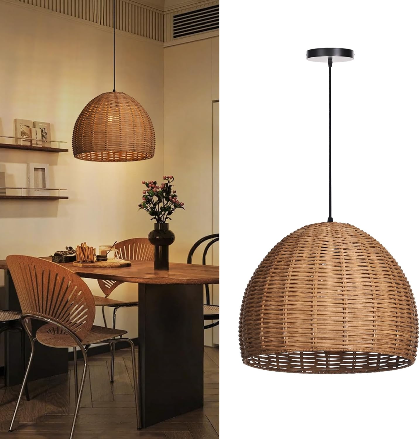 Arturesthome Hand Woven Rattan Pendant Lighting Fixture, 1-Light Bohemian Weaving Natural Ceiling Hanging Light,Farmhouse Coastal Chandelier for Kitchen Island,Living Room,Dining Room