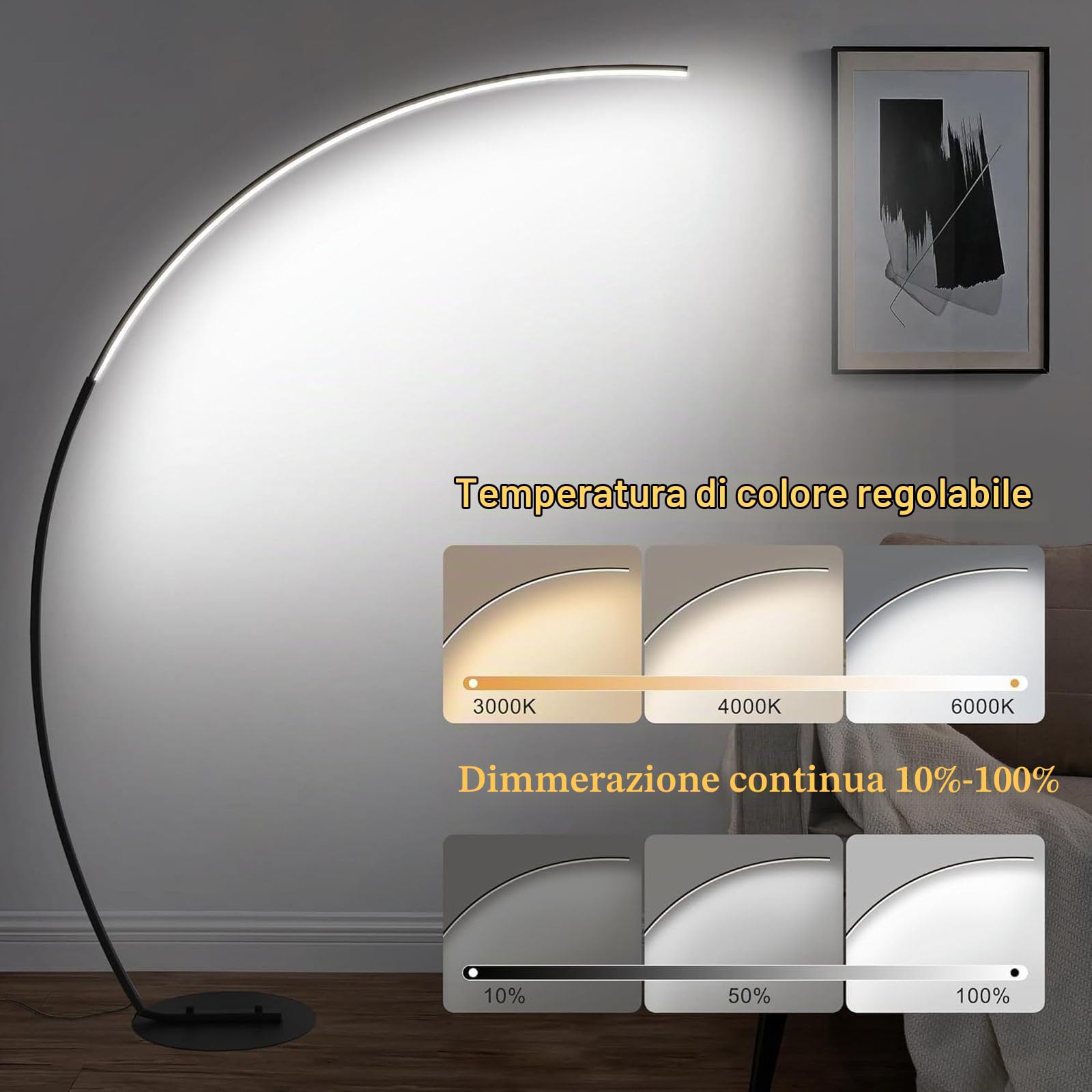Lampada da terra a LED dimmerabile, lampada da terra ad arco, lampada da terra ad arco per lettura con telecomando, lampada alta moderna, lampada per illuminazione ambientale per soggiorno, ufficio, c