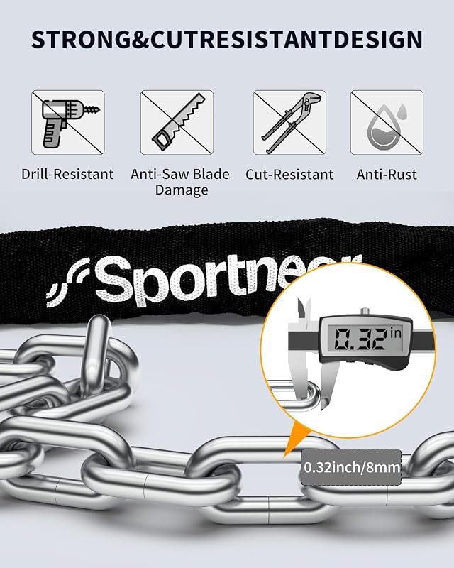 Sportneer Kerékpárzár 8mm Vastag Edzett Acél Lánccal - Fém Zárfej, Kék, 100cm, Motorkerékpárhoz, Kapuhoz, Kerítéshez is Használható Biztonsá