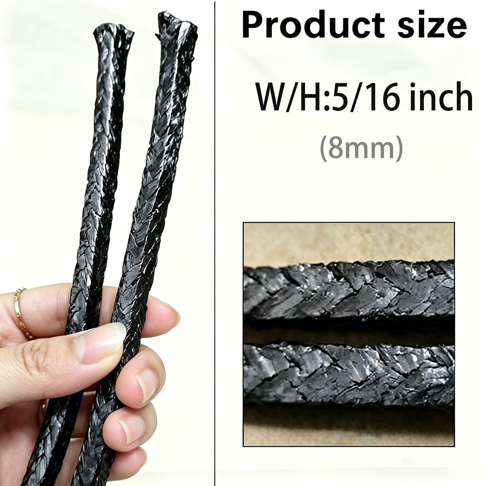 Corda intrecciata in grafite per guarnizioni di pompa/valvole/ghiandole, tenuta ad alta temperatura per vergelle (0,8 cm x 5/4,92 m), nera