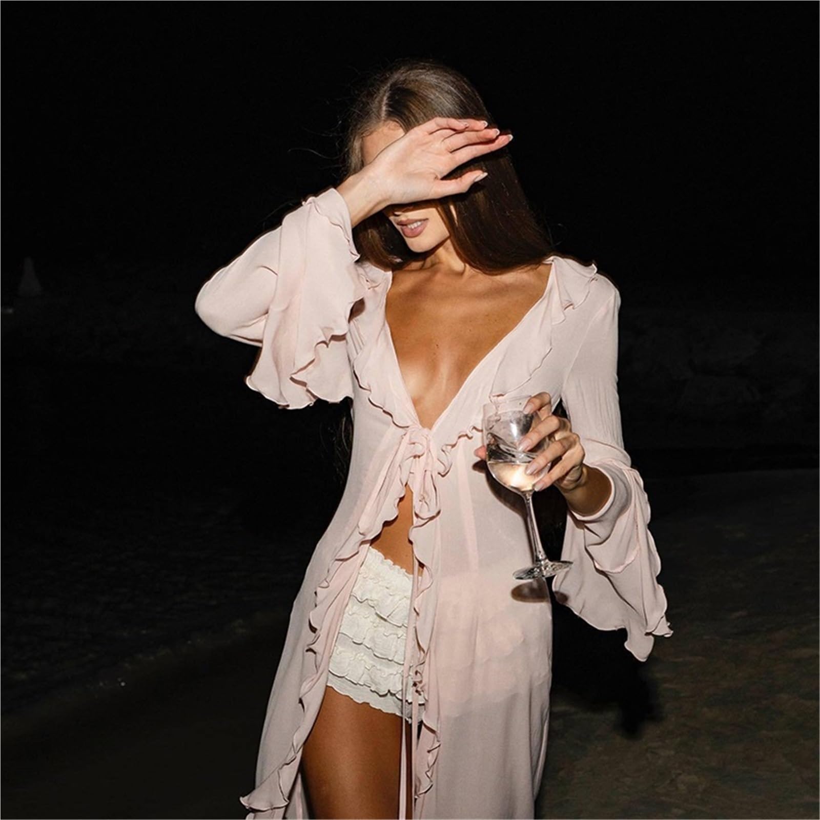 Copricostume Lungo in Chiffon Tunica in Chiffon a Maniche Lunghe con Scollo a V e Volant Copricostume da Spiaggia Abbigliamento Donna