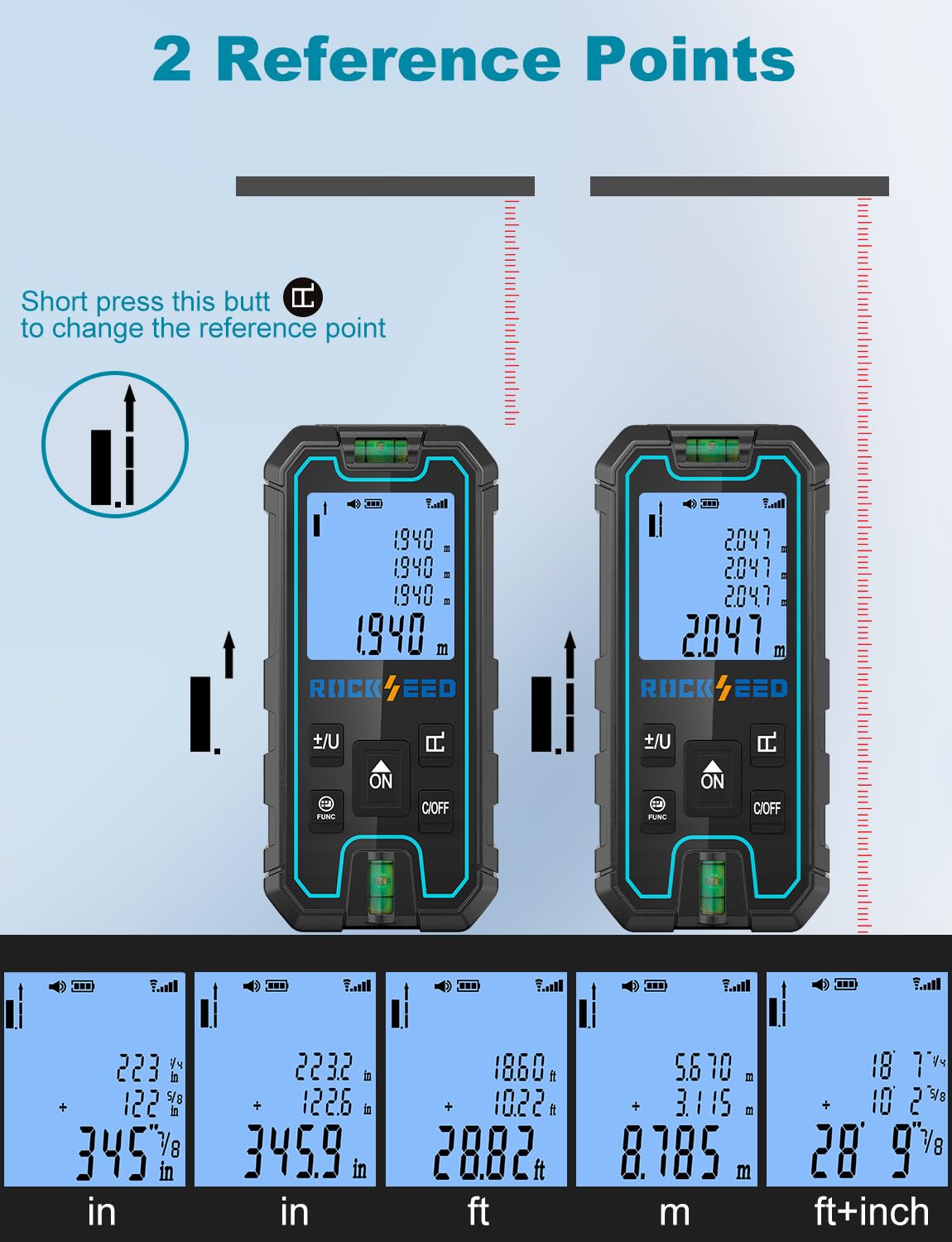 Laser Measure 50M, RockSeed Portable Accurate Laser Distance Meter, Digital Distance Measurement Tool with 2 Bubble Levels - Image 2