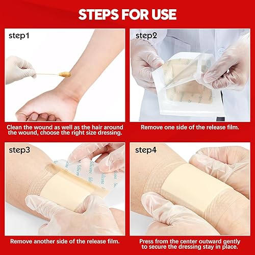 Miniatura 6 de LIFARA Paquete de 5 almohadillas de espuma de silicona, cuidado de heridas de 5 capas, superabsorbente, barrera antirreflujo, borde adhesivo para un