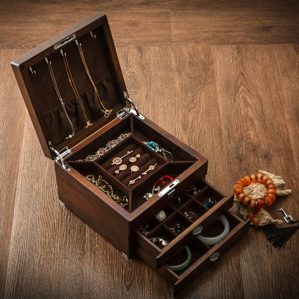 Lshtshf-ou Wood Jewelry Box Pure Solid Multi-Layer Collection Storage With Lock(Dark walnut)