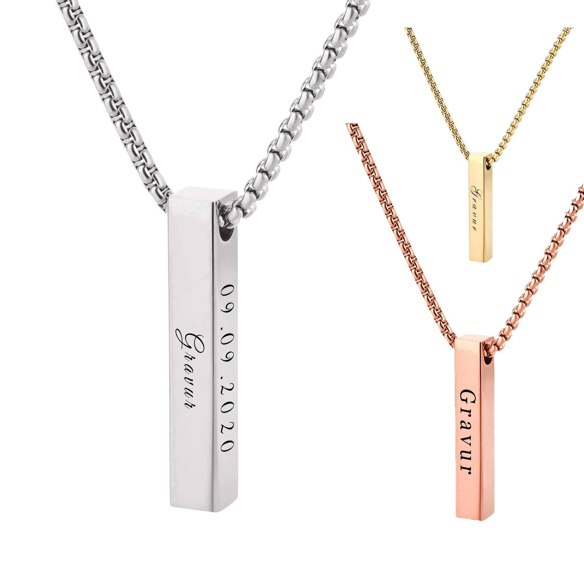 Stabanhänger mit Kette und personalisierter Gravur, Namen und Datum / Namenskette personalisiert mit Wunschgravur in Silber / Gold / Rosegold für Damen Frauen Herren / Halskette als personalisierte Geschenke