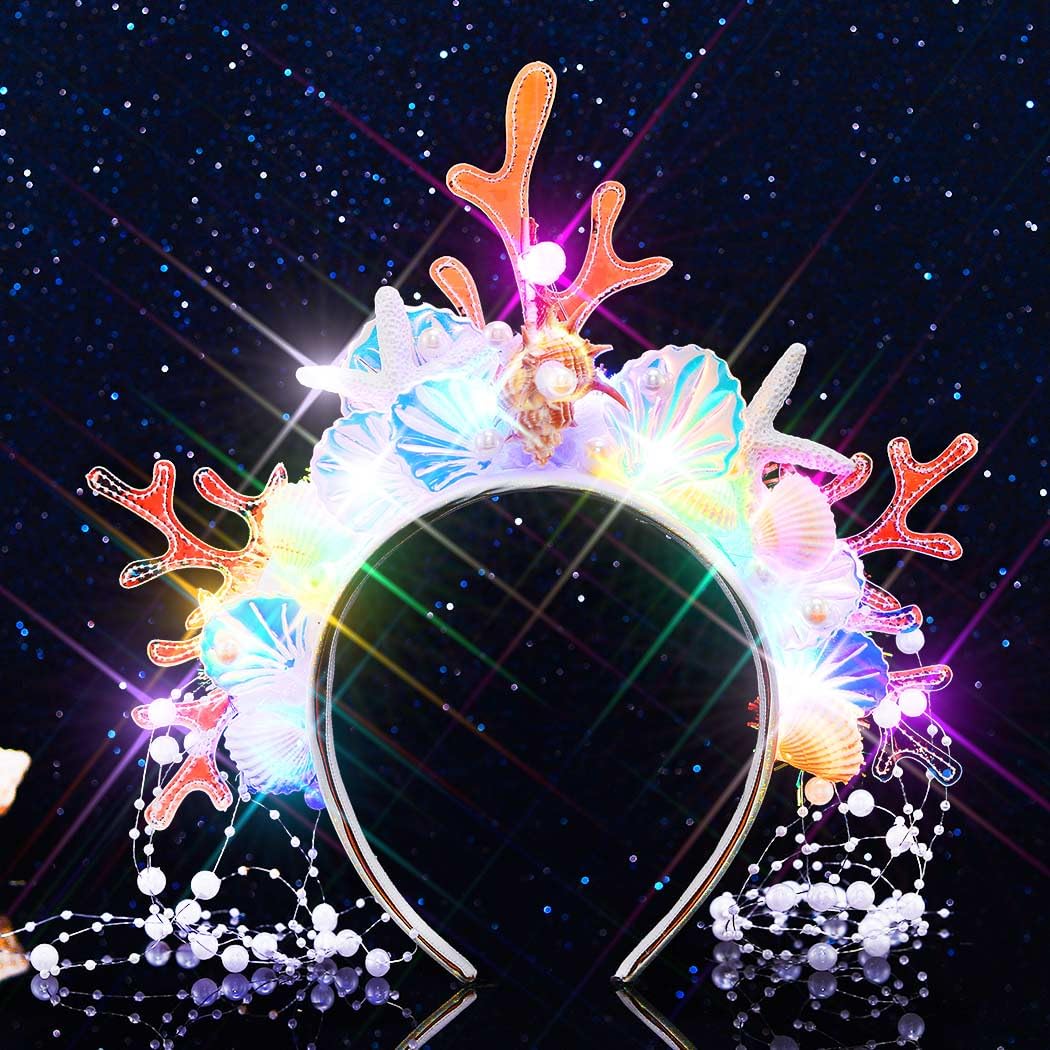 Handcess Light Up Mermaid Costume Headband Led Starfish Headpiece Glow Fairy Headbands Glowing Shell Coral Hair Accessories For Women