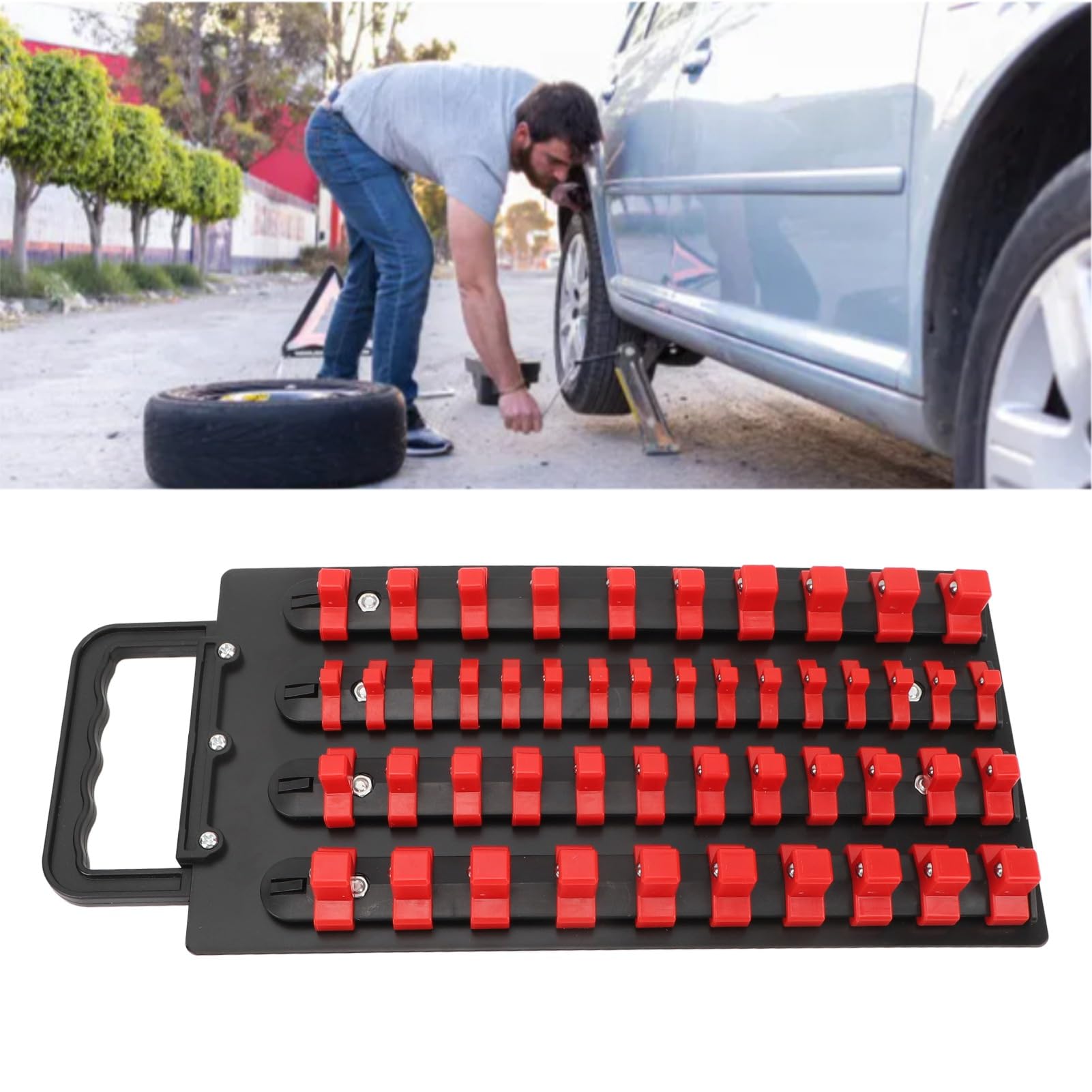 Vassoio Portaprese Portatile Con Maniglia - 48 Clip Per Prese 1/4, 3/8, 1/2 Pollice - Organizzatore Rosso