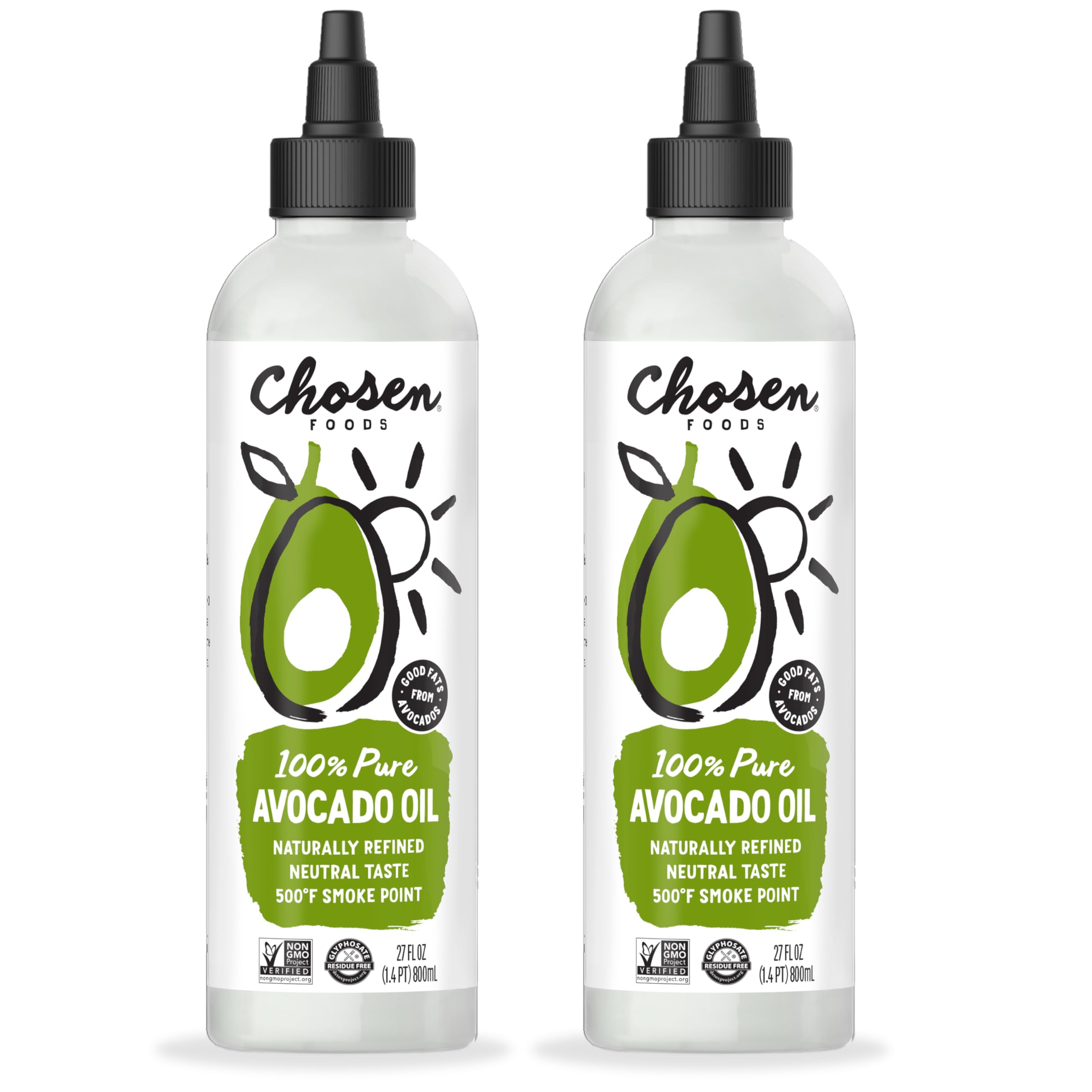 Chosen Foods 100% Pure Avocado Oil Squeeze Bottle 27oz 2-pack - For Drizzling, Sautéing, Roasting, Searing, & Baking-High Smoke Point Cooking Oil - Kosher, Keto Friendly - With Recipe eBook