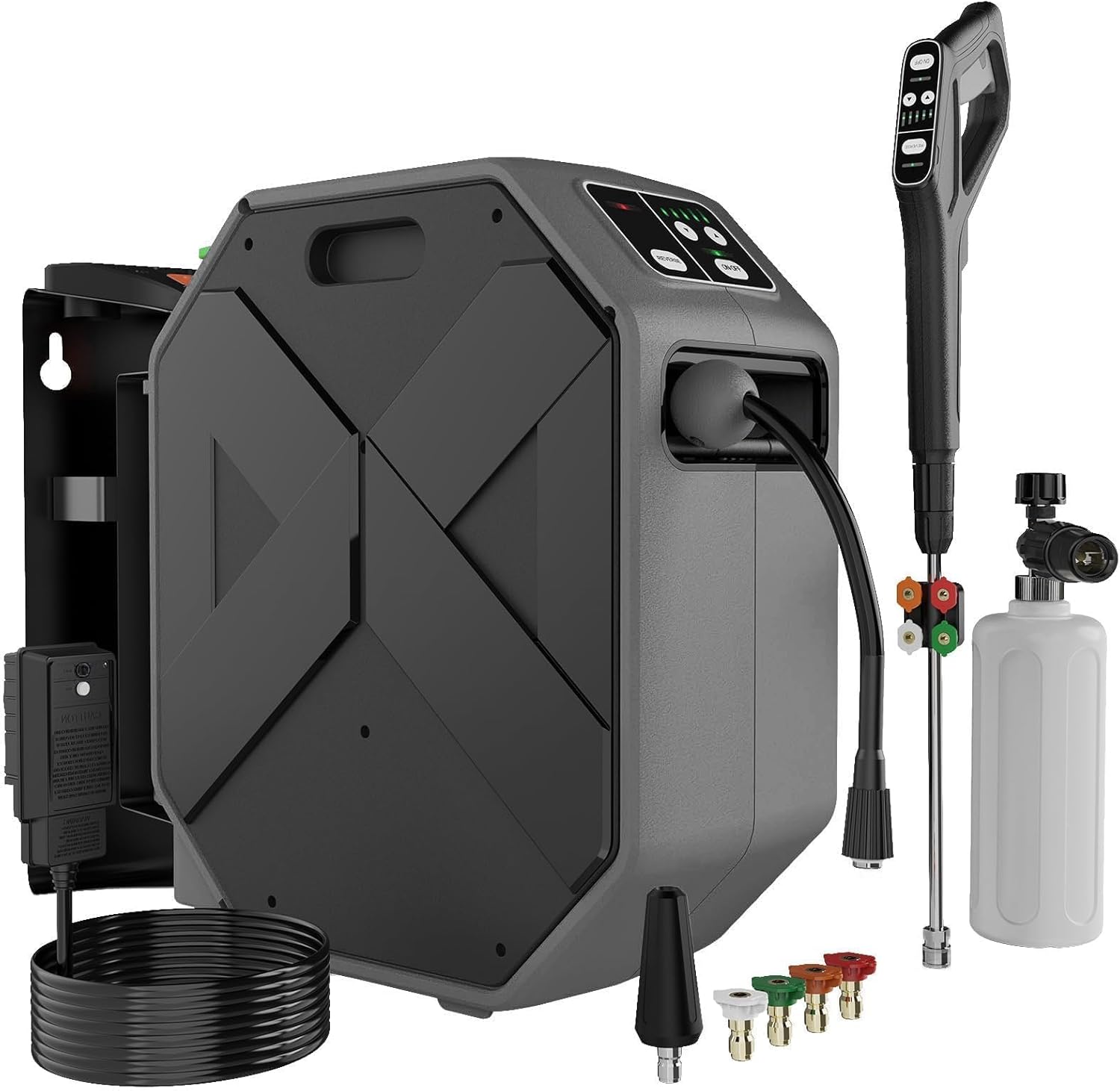 wall mounted pressure washer - 5000 psi, 3.6 gpm electric power washer with 100ft retractable hose, 5-stage adjustable pressure, foam cannon & 5 nozzles for car, lane, patio cleaning, dark