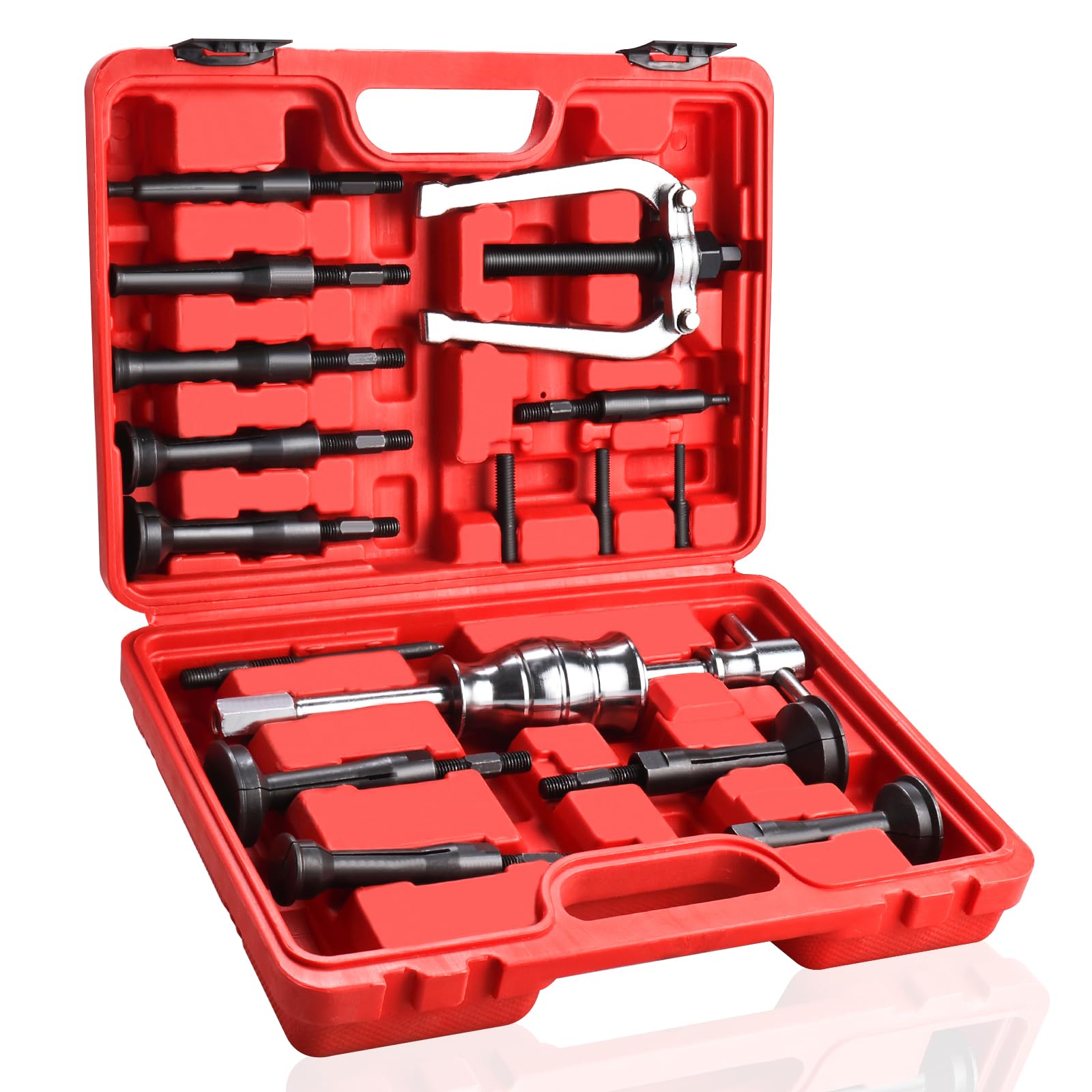 BOOMSTART 16pc Extracteur de Roulement Interieur, 5-58mm Arrache Roulement Interieur, Extracteur de Roulement à Inertie, Arrache Roulement Interne avec Marteau pour Moto Voiture Velo (Rouge)