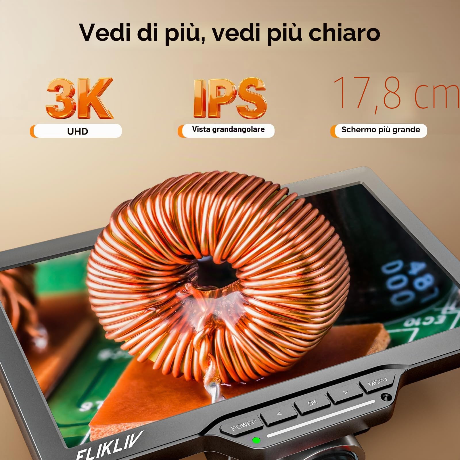 Elikliv EM3K-AF Microscopio Digitale 3K Autofocus HDMI per Saldature, Schermo LCD da 7" e 38MP, Lente per Monete e Saldatura, Supporto da 10'', Compatibile PC/Windows/Mac OS, 64 GB