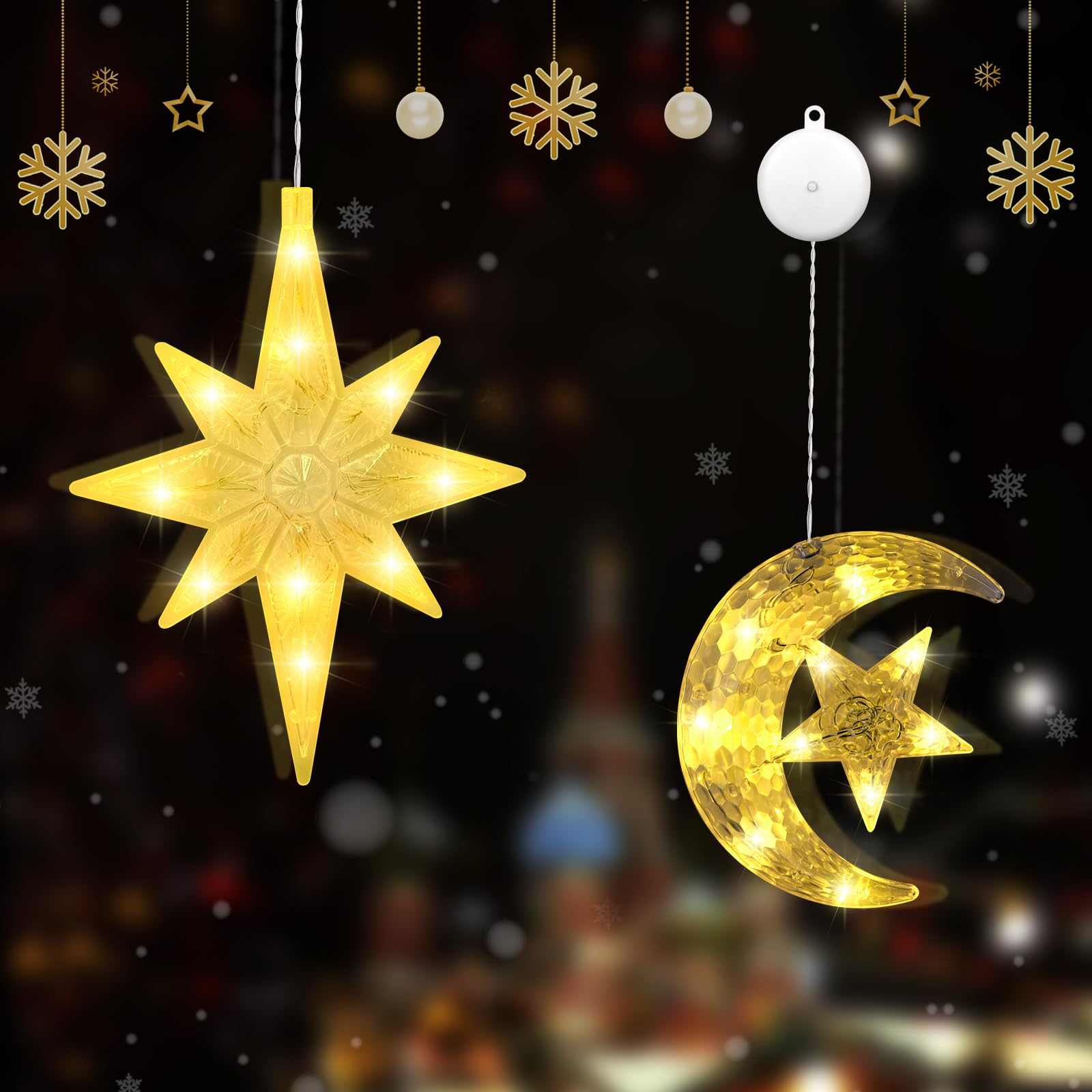 FORMIZON Luci Natale a Ventosa Finestre, Luci LED Natale Stelle, Luminarie Natalizie, Decorazioni Natalizie Luce per Albero di Natale Porta Finestre Interni (moon and stars)