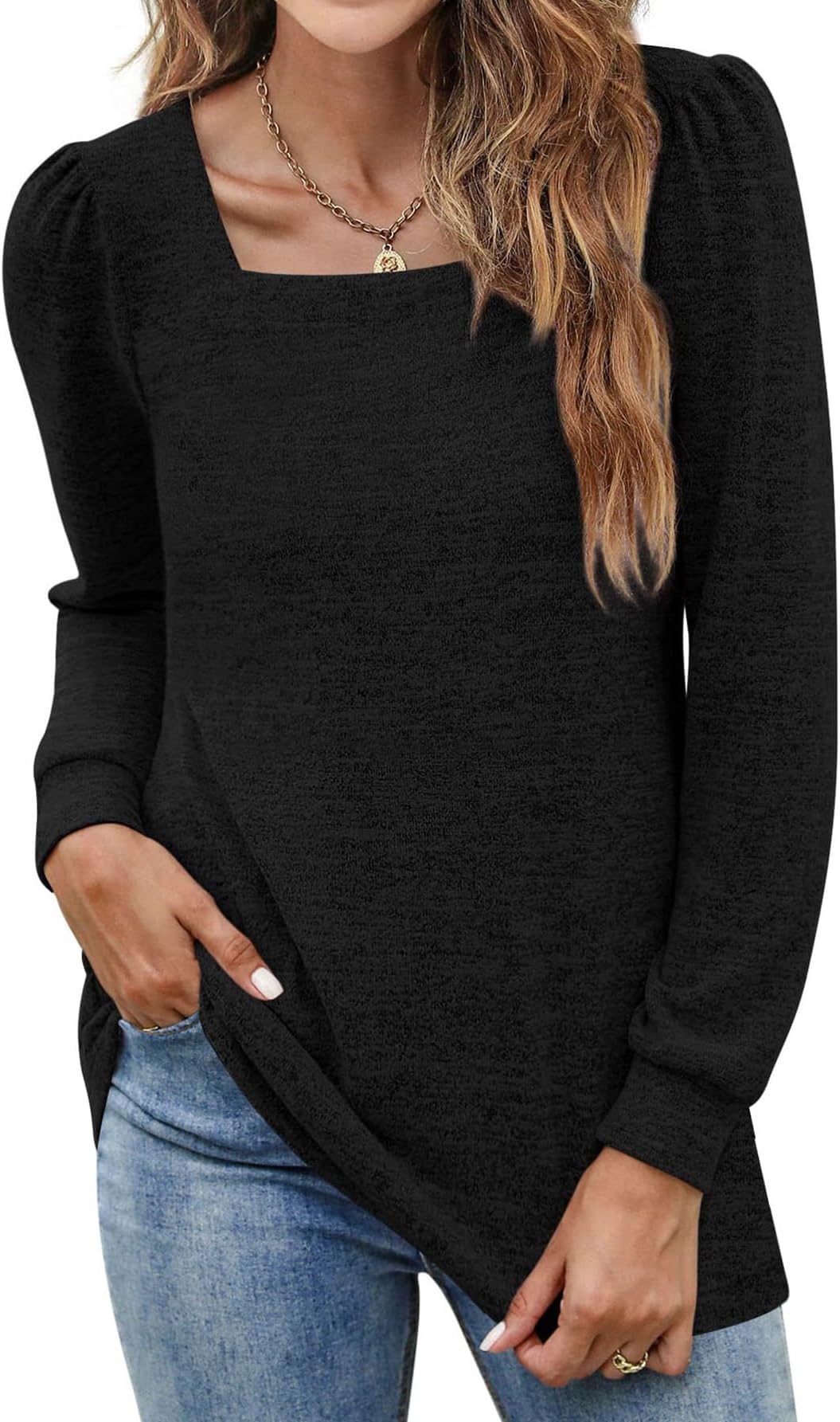 SOLERSUNTunic Tops for Women Loose Fit Long Sleeve Dressy Shirts Square Neck Tops