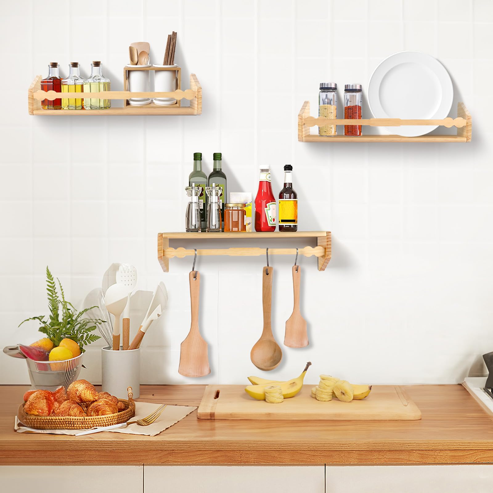 comfoyar Zwevende boekenplank voor kinderkamer, Set 3 hout boekenplanken voor aan muur voor kinderen, Opknoping planken en kruidenrek voor speelgoed opslag, woonkamer slaapkamer Decor, Wit Natuurlijk